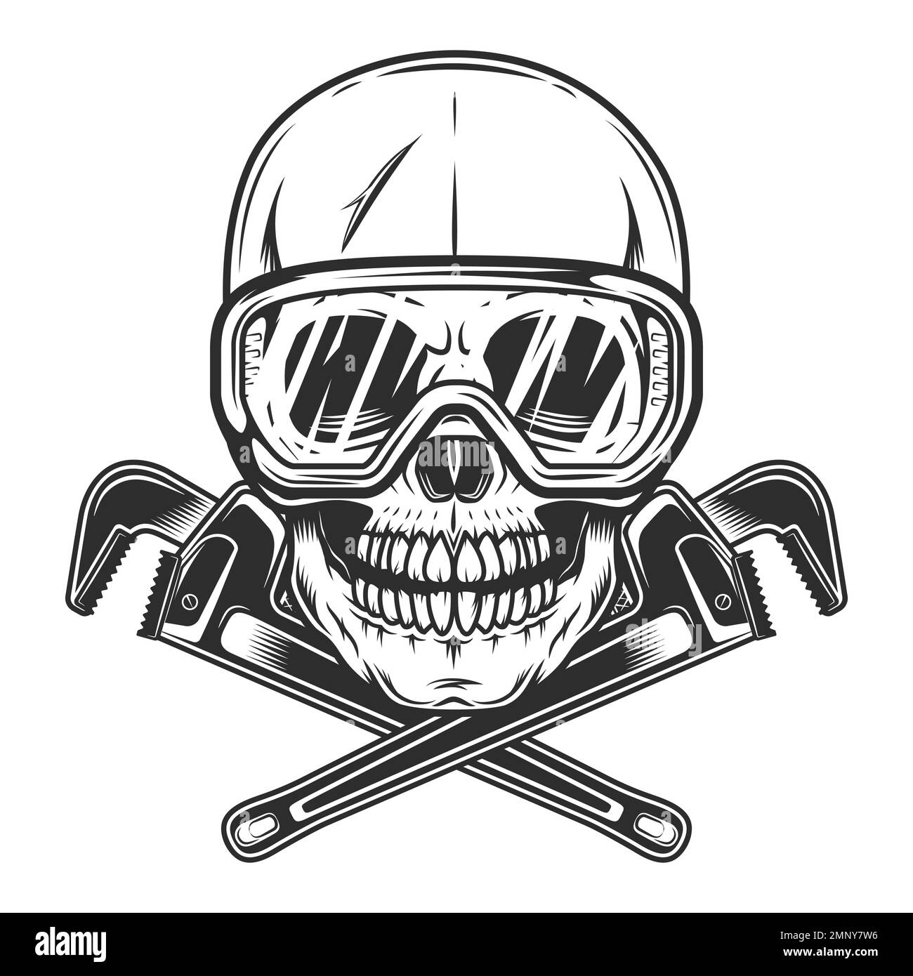 Cranio vintage in occhiali di sicurezza con utensile meccanico per riparazione di chiavi per carrozzeria o chiave da costruzione per illustrazione di tubi idraulici per gas e costruttori Foto Stock