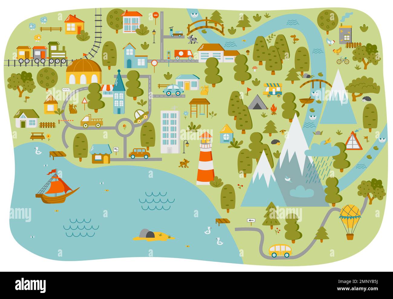 Bella mappa della città per la camera dei bambini. Paesaggio con dettagli del lotto. Illustrazione vettoriale Illustrazione Vettoriale