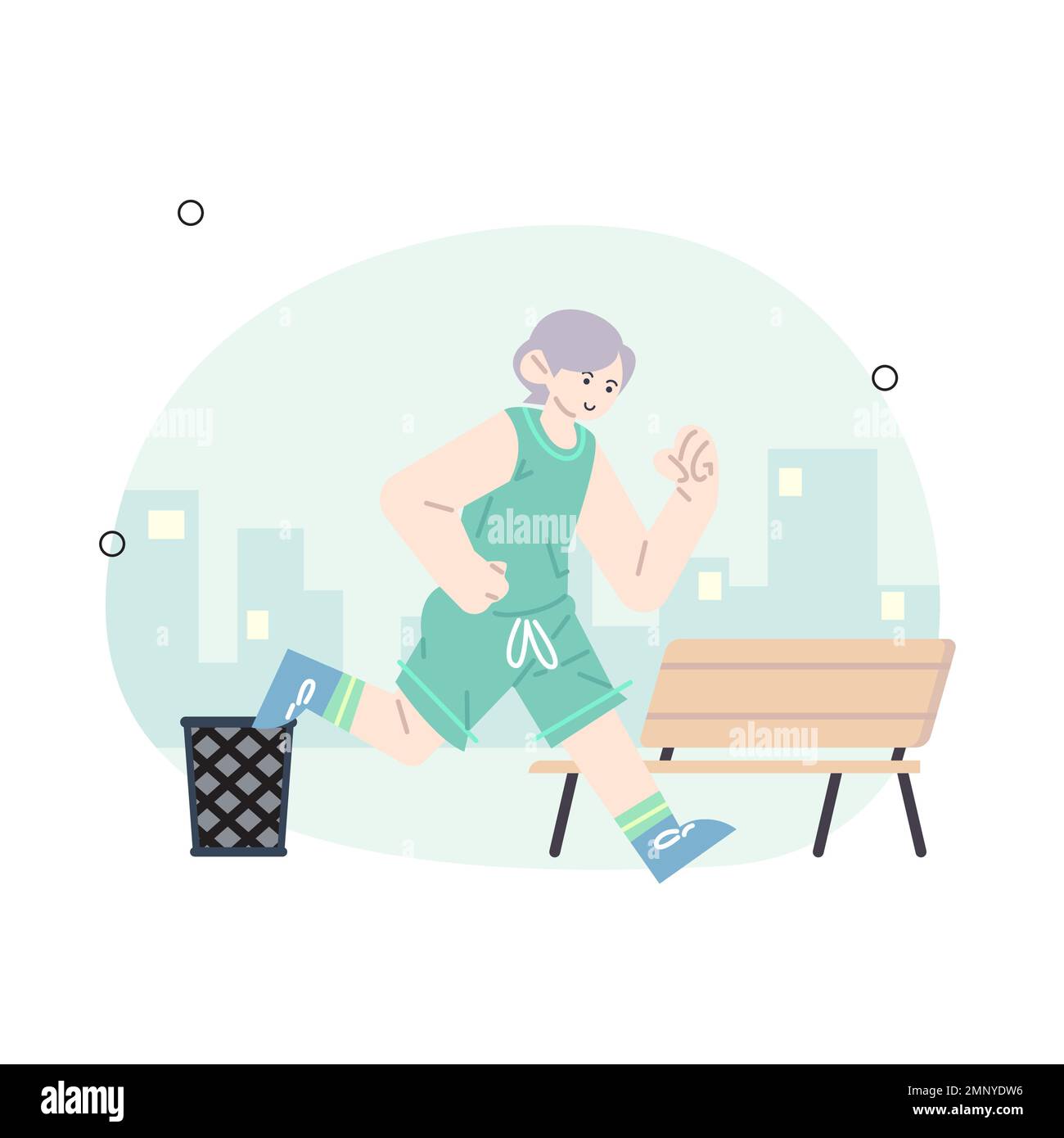 I giovani fanno jogging nel parco cittadino in estate. Gruppo di corridori che corrono lungo il percorso, allenandosi all'aperto. Stile di vita attivo e sano di joggers. Colorato Illustrazione Vettoriale