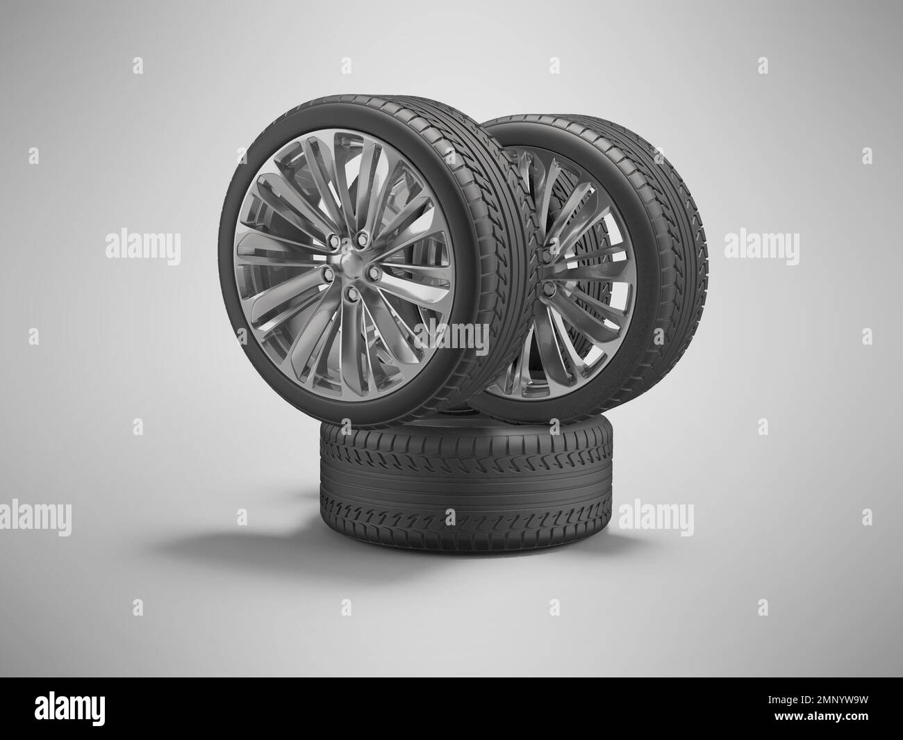 3D Set di ruote per auto su sfondo grigio con ombra Foto Stock