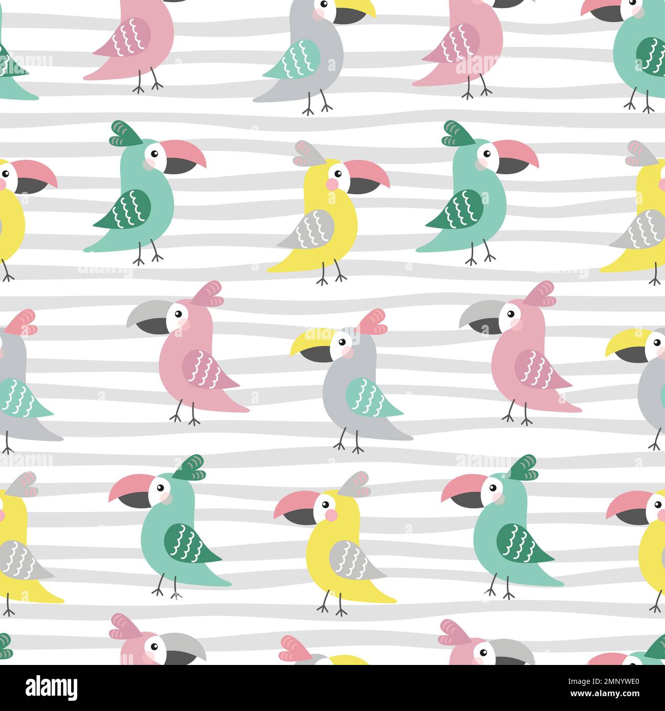 Tropicale divertente uccelli senza cuciture modello. Pappagalli colorati vettoriali in semplice stile cartoon piatto disegnato a mano. Stampa per tessuti, abbigliamento, carta da parati, p Illustrazione Vettoriale