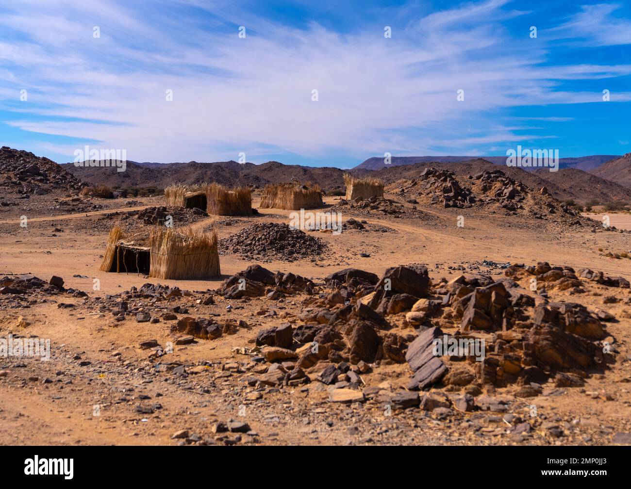 Villaggio tradizionale di Tuareg con case di canna, Nord Africa, Tamanrasset, Algeria Foto Stock