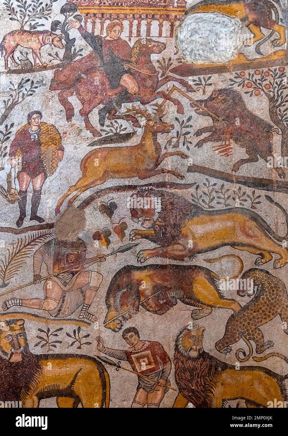 Grande caccia mosaico dall'antica città romana, Nord Africa, Djemila, Algeria Foto Stock