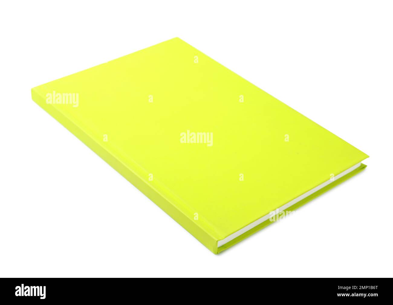 Elegante notebook giallo isolato su bianco. Cancelleria per ufficio Foto Stock