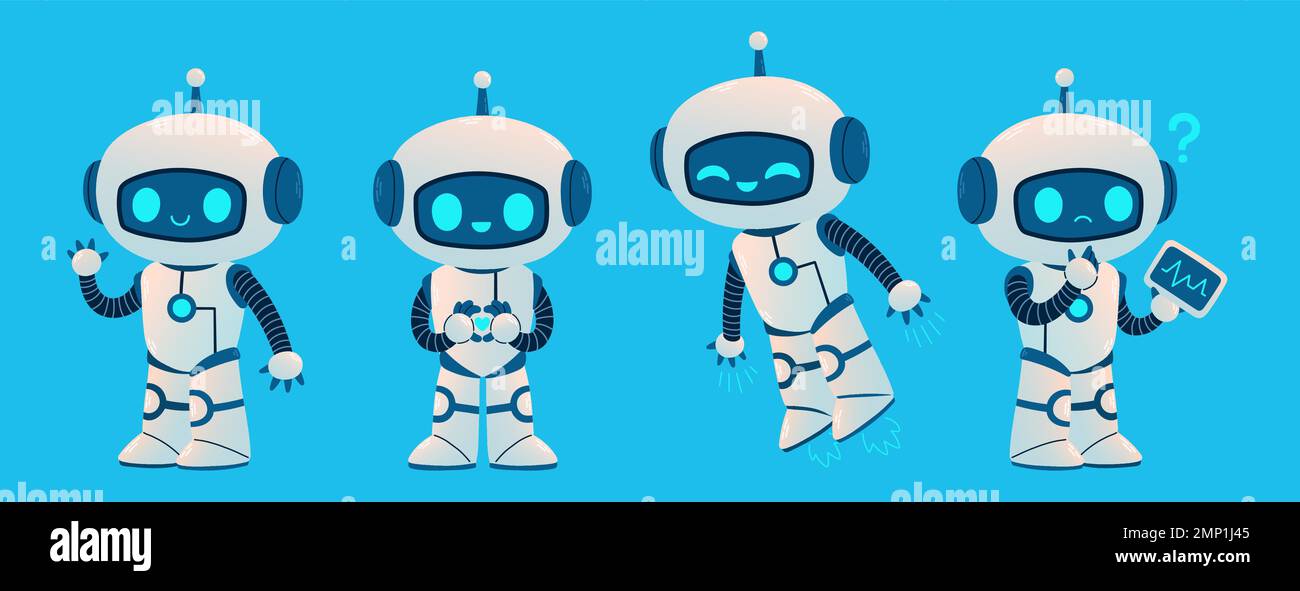 Carino robot set. Cartoon Science Technology Concept vettore isolato. Stile Cartoon piatto Illustrazione Vettoriale