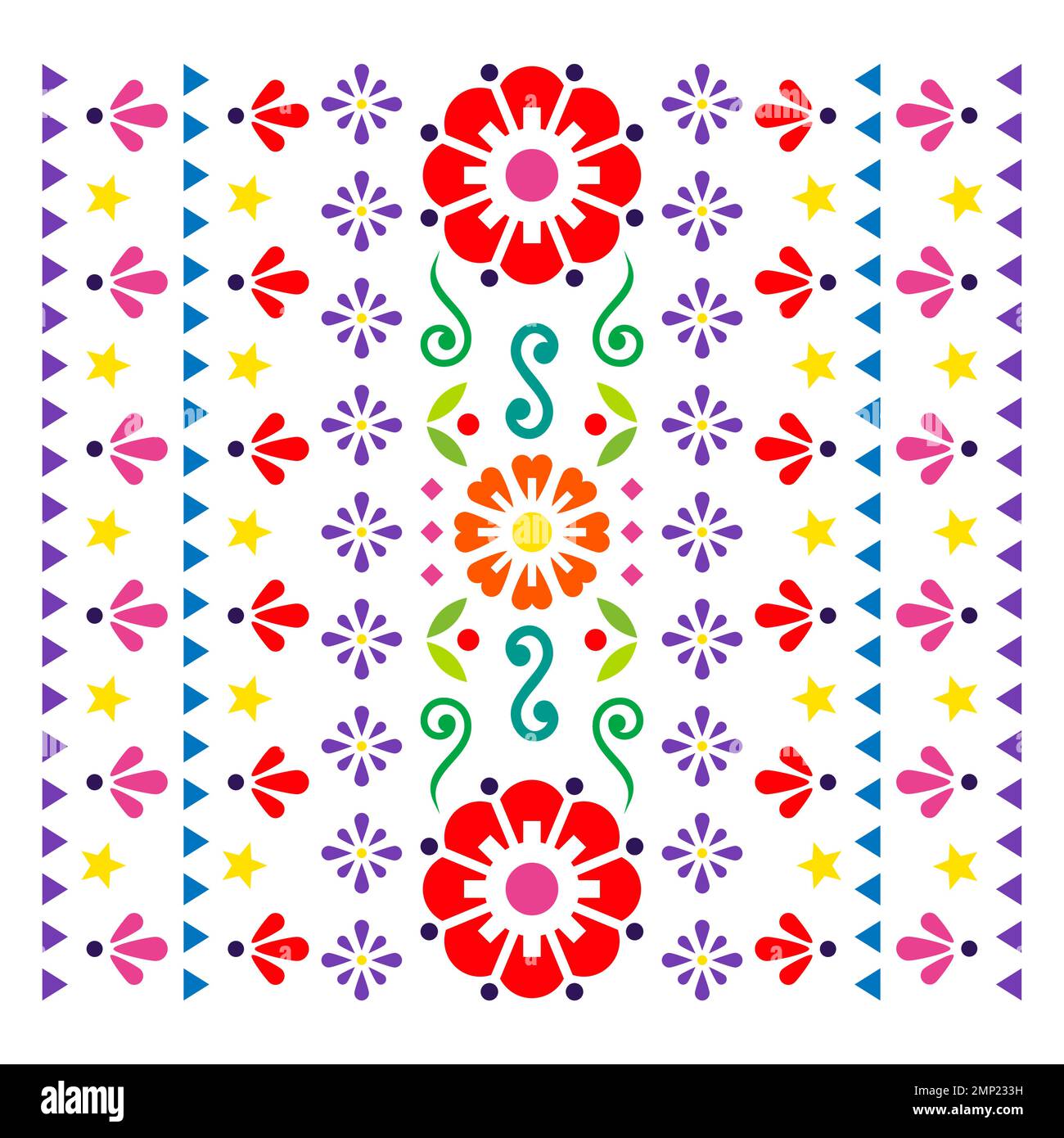Biglietto d'auguri stile messicano folkloristico vettore di arte o design di invito, motivo vivace floreale in rosso, verde e viola Illustrazione Vettoriale