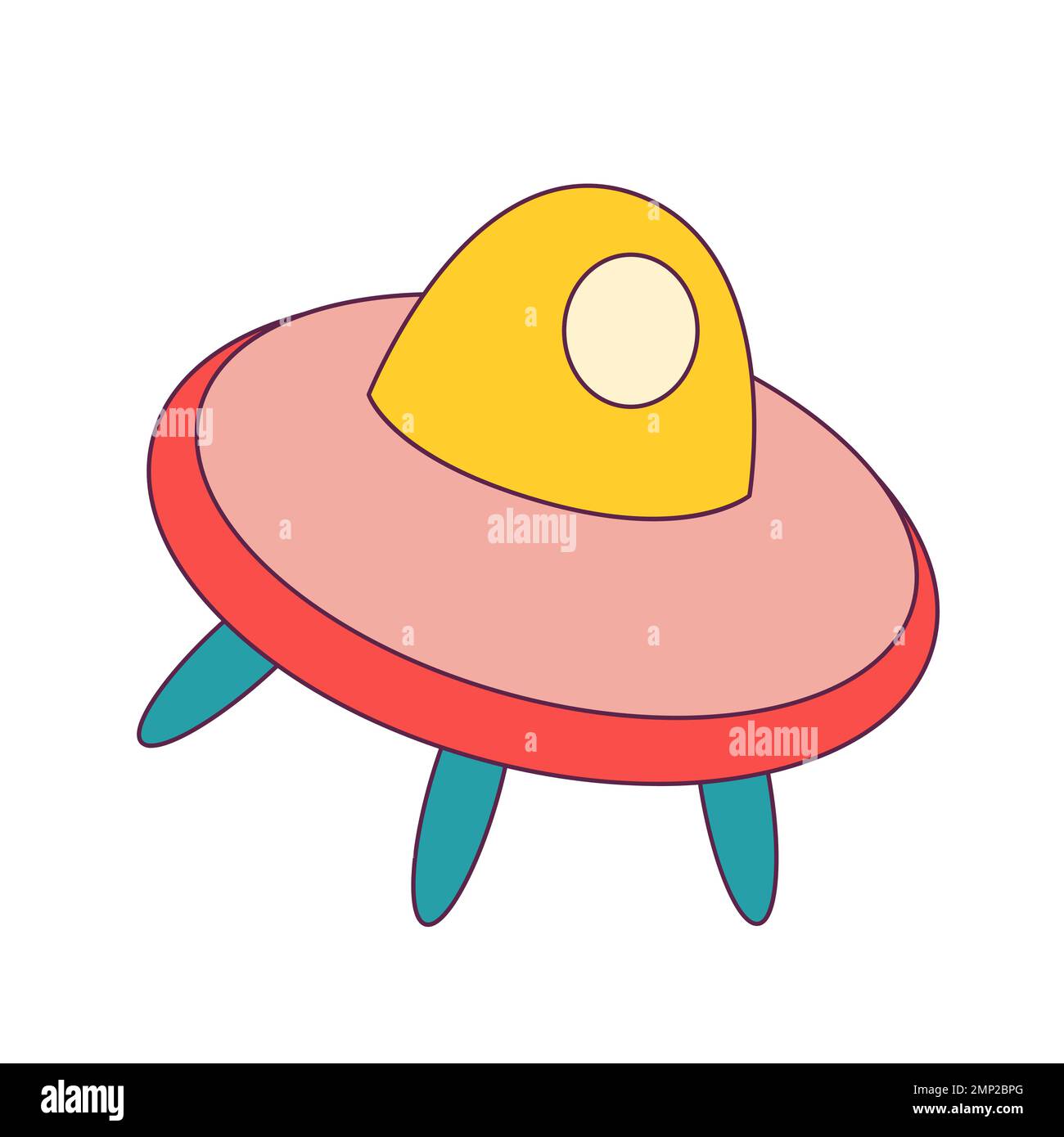 1970 icona UFO retrò. Adesivo vintage della nave spaziale aliena. Futuristico trippy sconosciuto oggetto volante. Divertente cartoon hippie. Illustrazione vettoriale. Illustrazione Vettoriale