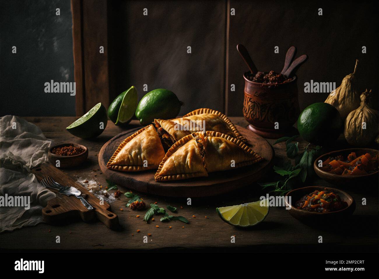 Concedetevi i ricchi sapori dell'America Latina con la nostra collezione di fotografia enogastronomica Empanadas. Immagini appetitose mostrano cibo tradizionale, di strada, Foto Stock