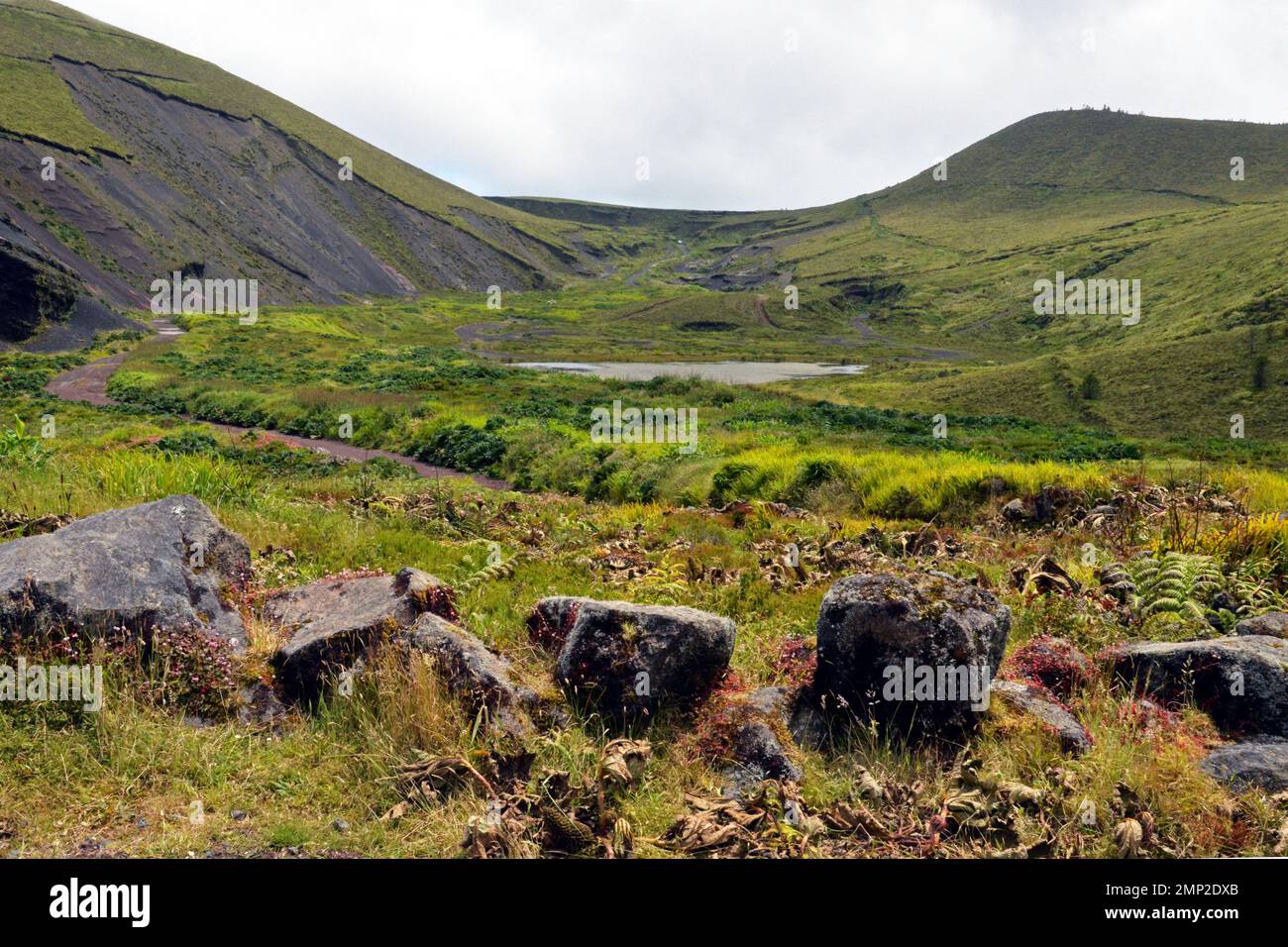 Portogallo, Isole Azzorre, Sao Miguel: Paesaggio tipico nella parte occidentale dell'isola, con piccoli laghi tra colline ondulate coperte di erba. Foto Stock