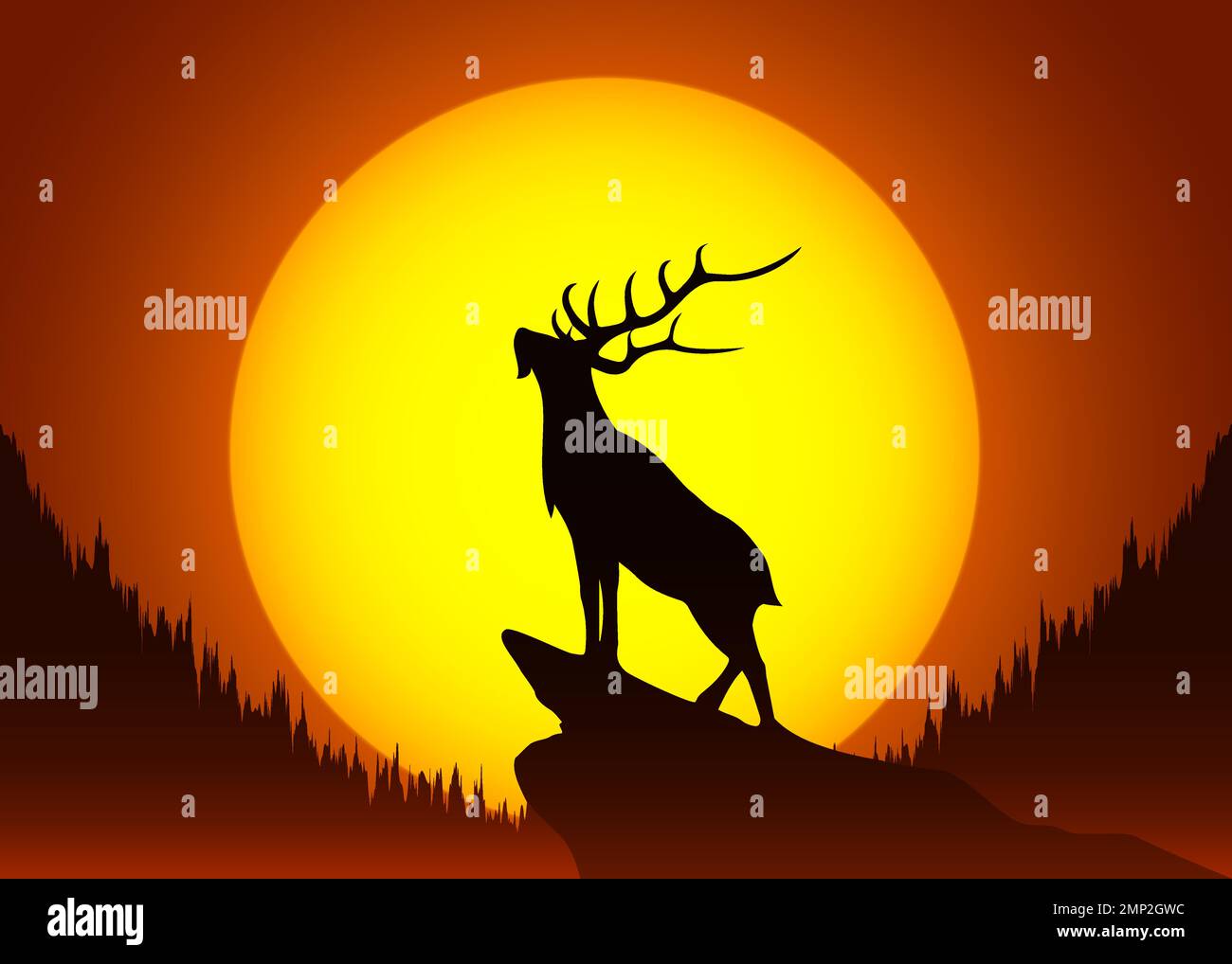Bella silhouette astratta sfondo di cervo o in piedi al tramonto o all'alba Illustrazione Vettoriale