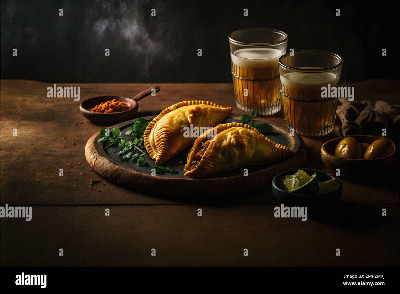 Concedetevi i ricchi sapori dell'America Latina con la nostra collezione di fotografia enogastronomica Empanadas. Immagini appetitose mostrano cibo tradizionale, di strada, Foto Stock