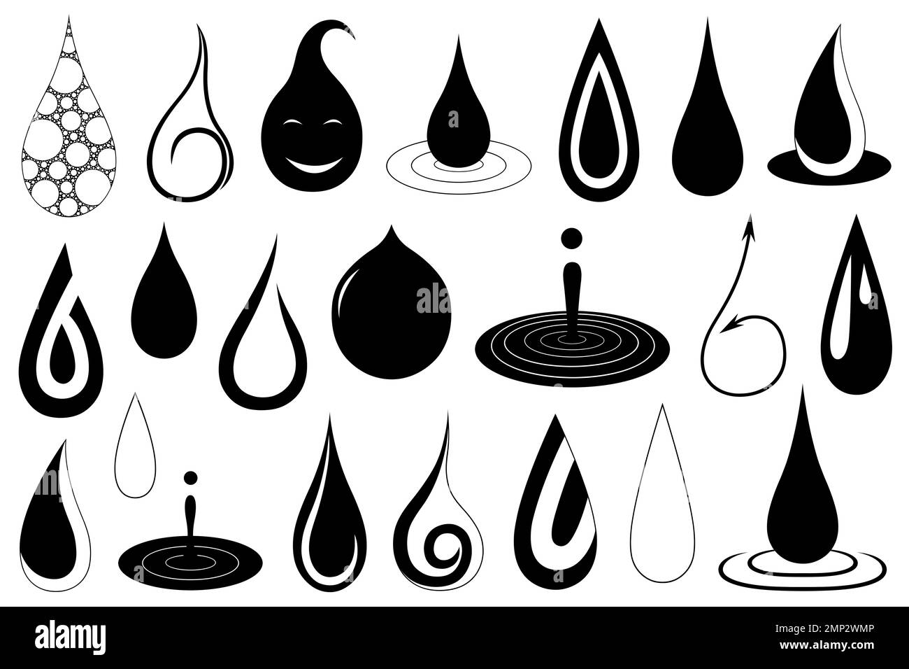 Collage di diverse gocce di liquido isolato su bianco Foto Stock