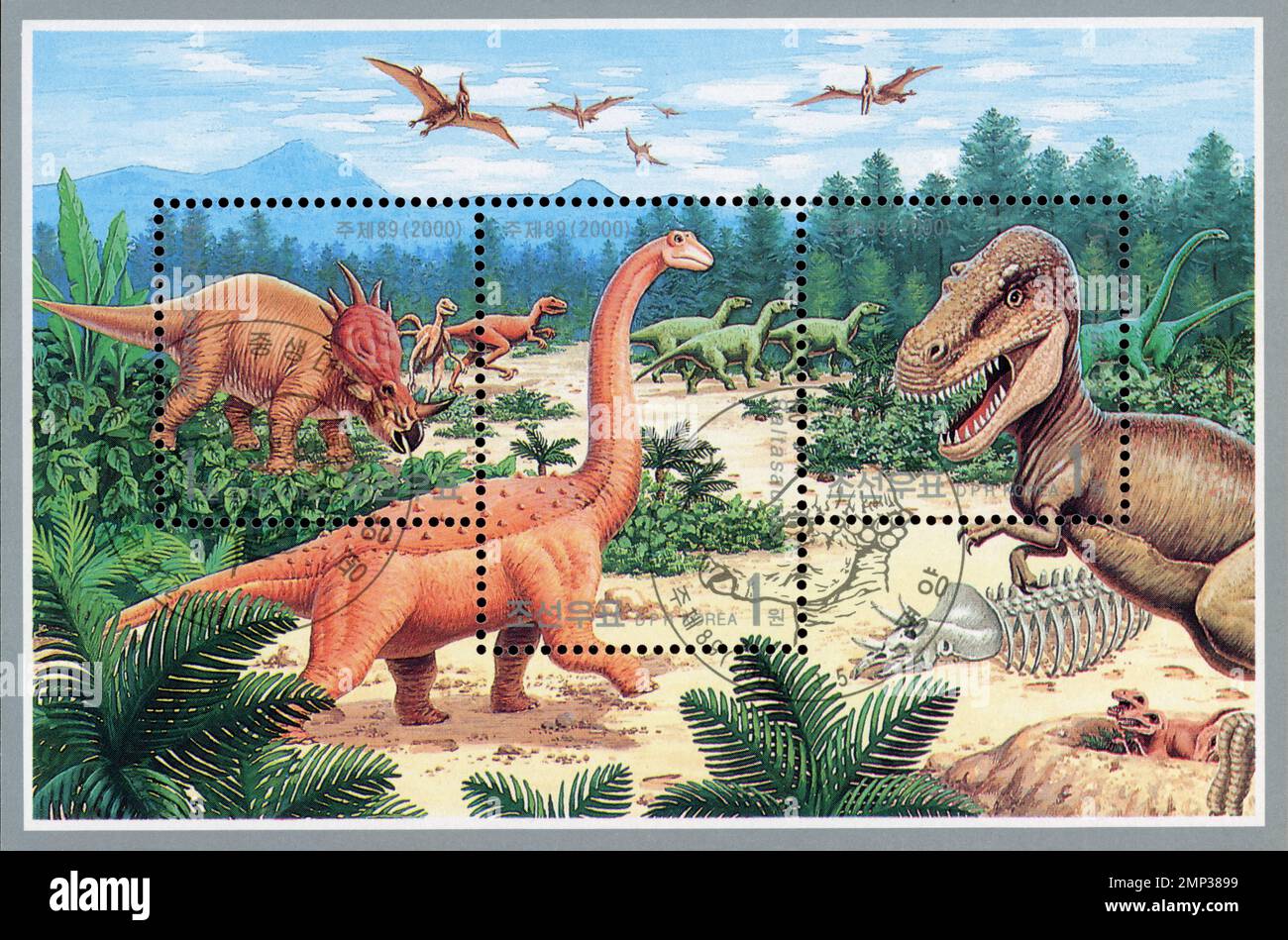Foglio di francobolli nordcoreani con vari dinosauri preistorici come T-Rex, Brachiosaurus e Triceratops, pubblicato nel 2000. Foto Stock