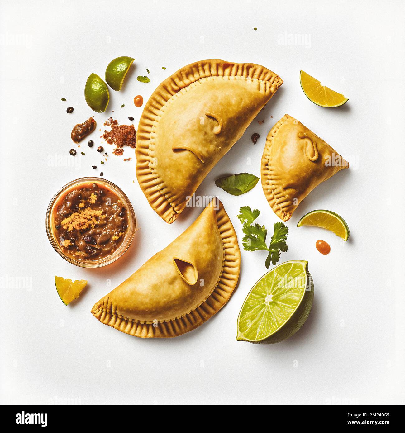 Dai un tocco di raffinatezza ai tuoi progetti alimentari con la nostra fotografia enogastronomica Empanadas su sfondo bianco. Mostra i sapori ricchi e. Foto Stock