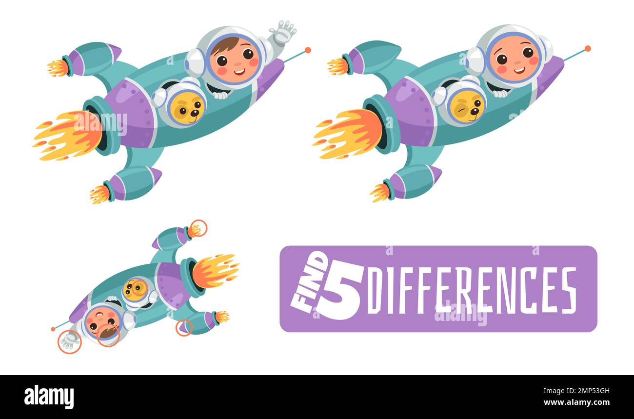 Trovare le differenze. Gioco educativo per bambini. Foglio di lavoro bambini prescolare. Ragazzo che vola su un razzo spaziale. Attività logica. Prova mentale. Cerca la soluzione giusta Illustrazione Vettoriale