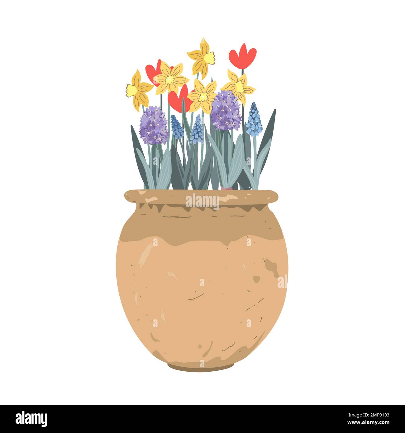 Vaso d'argilla vintage con fiori primaverili. Tulipani, giacinti, muscari, narcisi. Doodle illustrazione del vettore disegnato a mano isolato su bianco. Giardino estivo Illustrazione Vettoriale