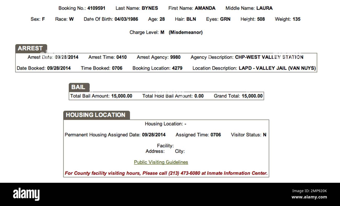 Amanda Bynes è stato arrestato per sospetto di guida sotto l'influenza di Sherman Oaks Domenica. Alle 3:45:00 circa Gli ufficiali della CHP hanno osservato una Mercedes Benz GL 450 bianca che viaggiava verso ovest su Riverside Drive. Il SUV Mercedes non è riuscito a fermarsi alla linea limite per un segnale di traffico rosso trifase all'incrocio con Van Nuys Boulevard. Amanda, che sembra essere sotto l'influenza, è stato chiesto dagli ufficiali di eseguire una serie di prove di sobrietà sul campo, non è stata in grado di eseguirle in modo soddisfacente. Gli ufficiali di CHP hanno trasportato la signora Bynes all'ufficio di CHP della valle occidentale a Woodland Hills fo Foto Stock