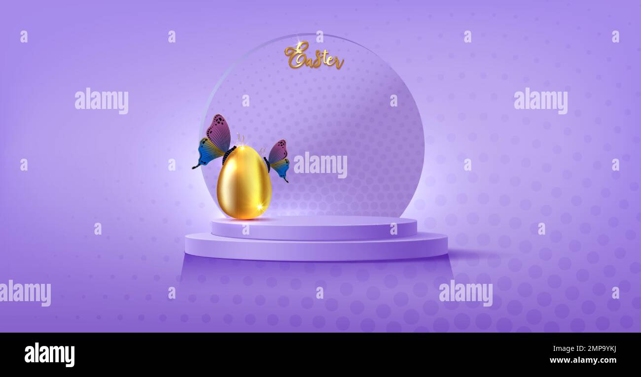 Banner pasquale per la dimostrazione del prodotto. Piedistallo rotondo o podio con uovo di Pasqua d'oro e belle farfalle su sfondo viola Illustrazione Vettoriale