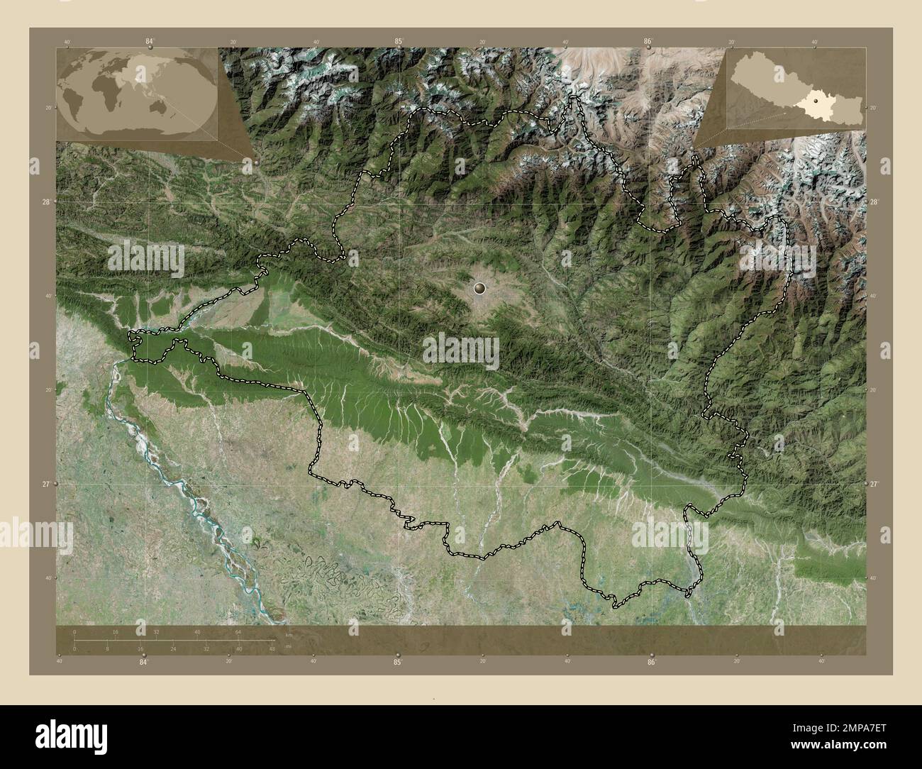 Centrale, regione di sviluppo del Nepal. Mappa satellitare ad alta risoluzione. Mappe delle posizioni ausiliarie degli angoli Foto Stock