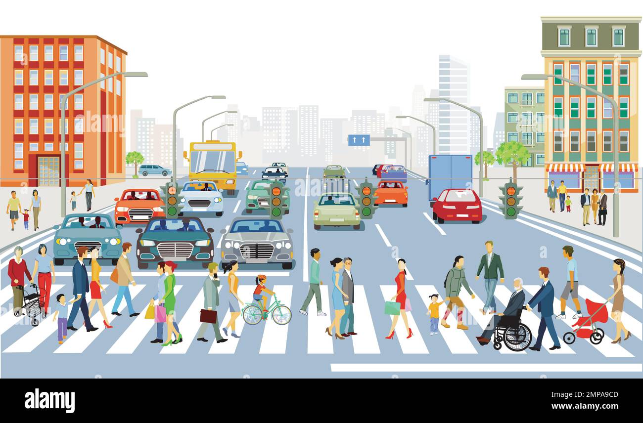 Strada principale con persone e traffico stradale e di fronte agli edifici, illustrazione Illustrazione Vettoriale