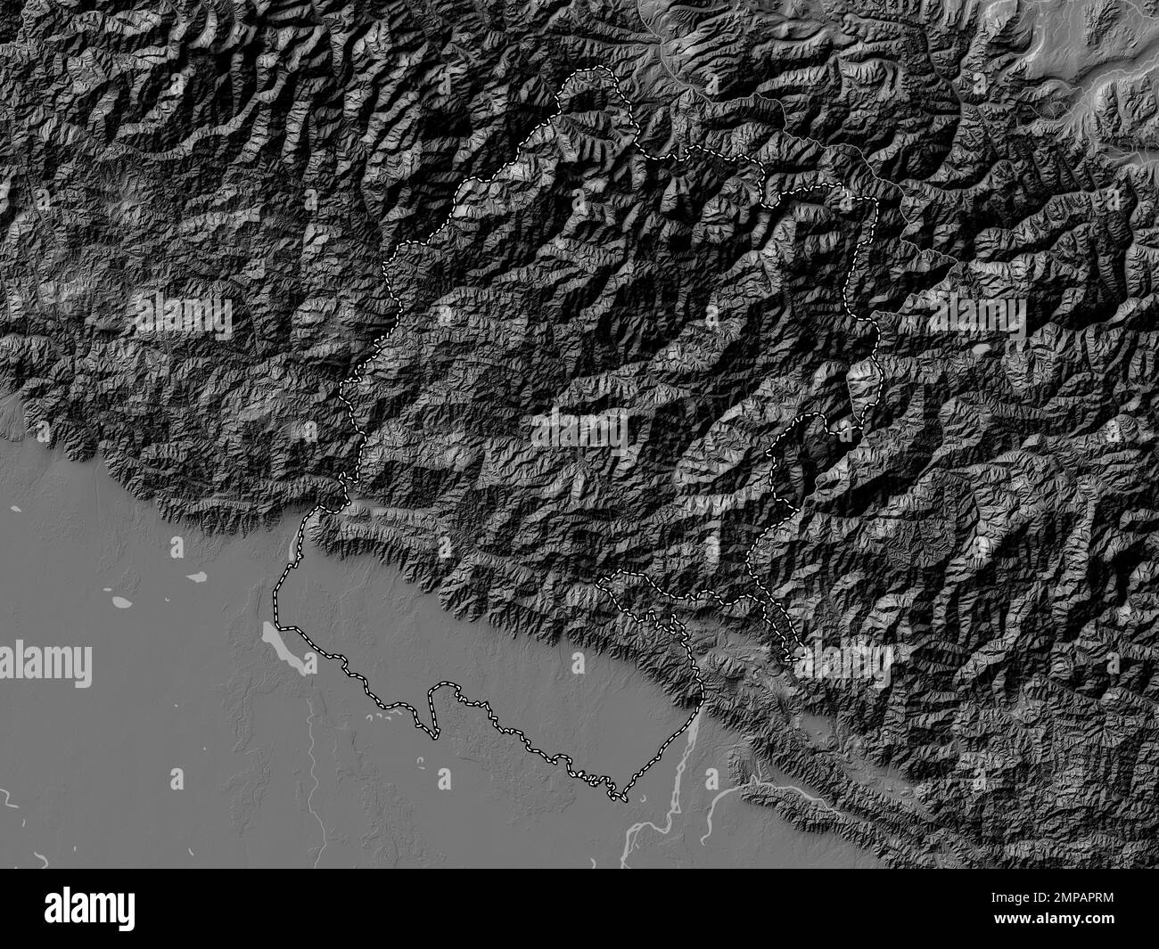 Estremo-Occidentale, regione di sviluppo del Nepal. Mappa altimetrica bilivello con laghi e fiumi Foto Stock