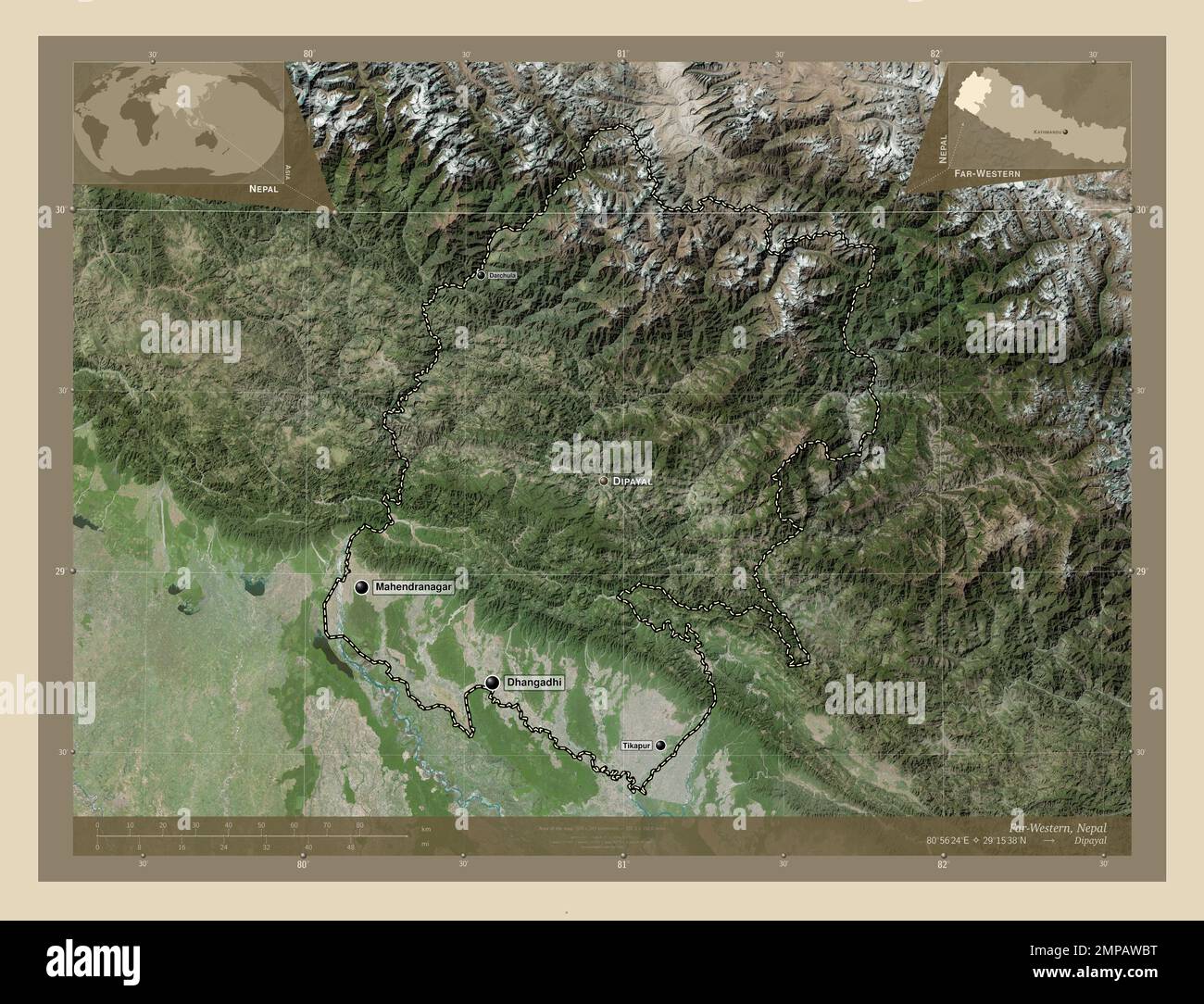 Estremo-Occidentale, regione di sviluppo del Nepal. Mappa satellitare ad alta risoluzione. Località e nomi delle principali città della regione. Posizione ausiliaria ad angolo Foto Stock