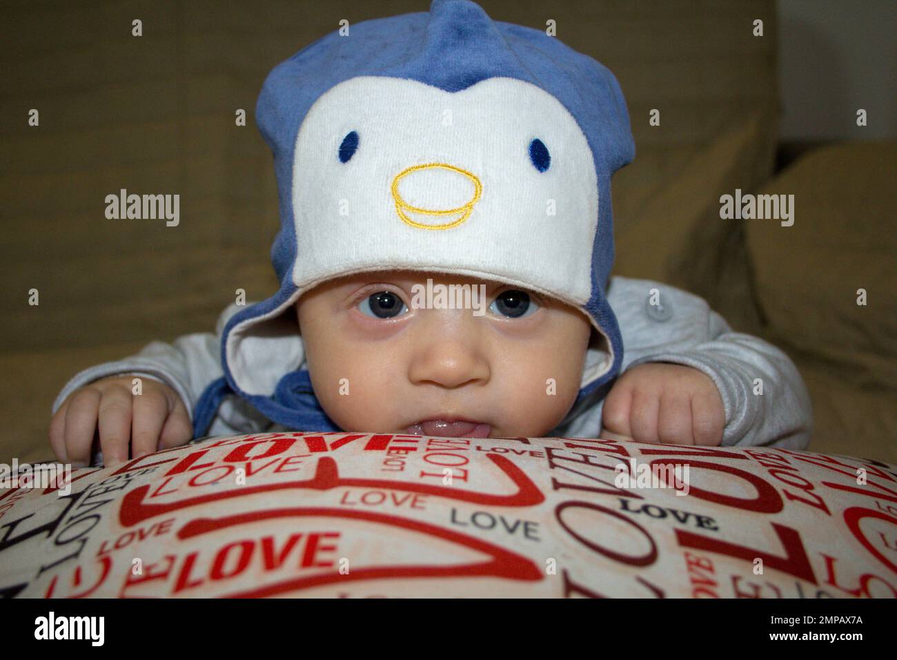 Immagine di un adorabile neonato che appoggia la testa su un cuscino indossando un cappello di pinguino. Foto Stock