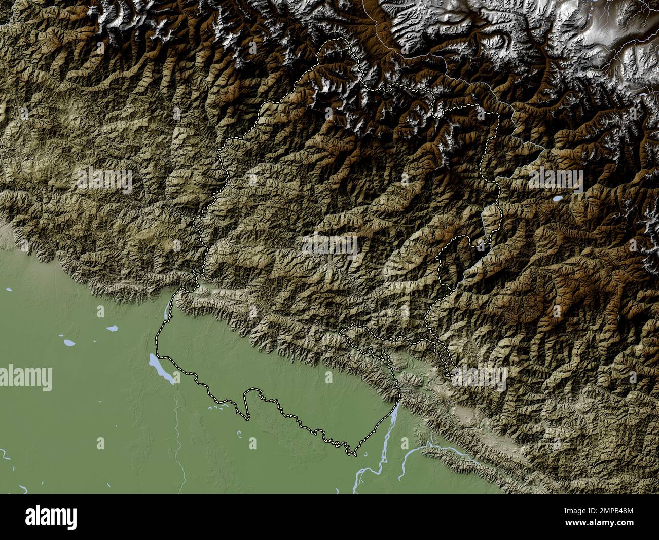 Estremo-Occidentale, regione di sviluppo del Nepal. Mappa dell'altitudine colorata in stile wiki con laghi e fiumi Foto Stock