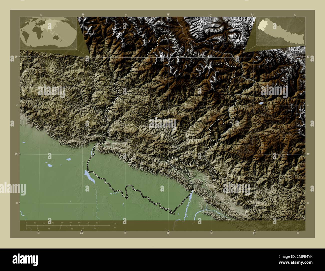 Estremo-Occidentale, regione di sviluppo del Nepal. Mappa dell'altitudine colorata in stile wiki con laghi e fiumi. Mappe delle posizioni ausiliarie degli angoli Foto Stock