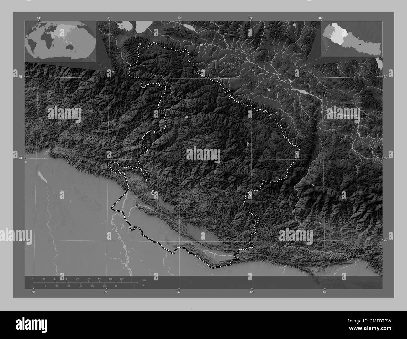 Medio-occidentale, regione di sviluppo del Nepal. Mappa in scala di grigi con laghi e fiumi. Mappe delle posizioni ausiliarie degli angoli Foto Stock