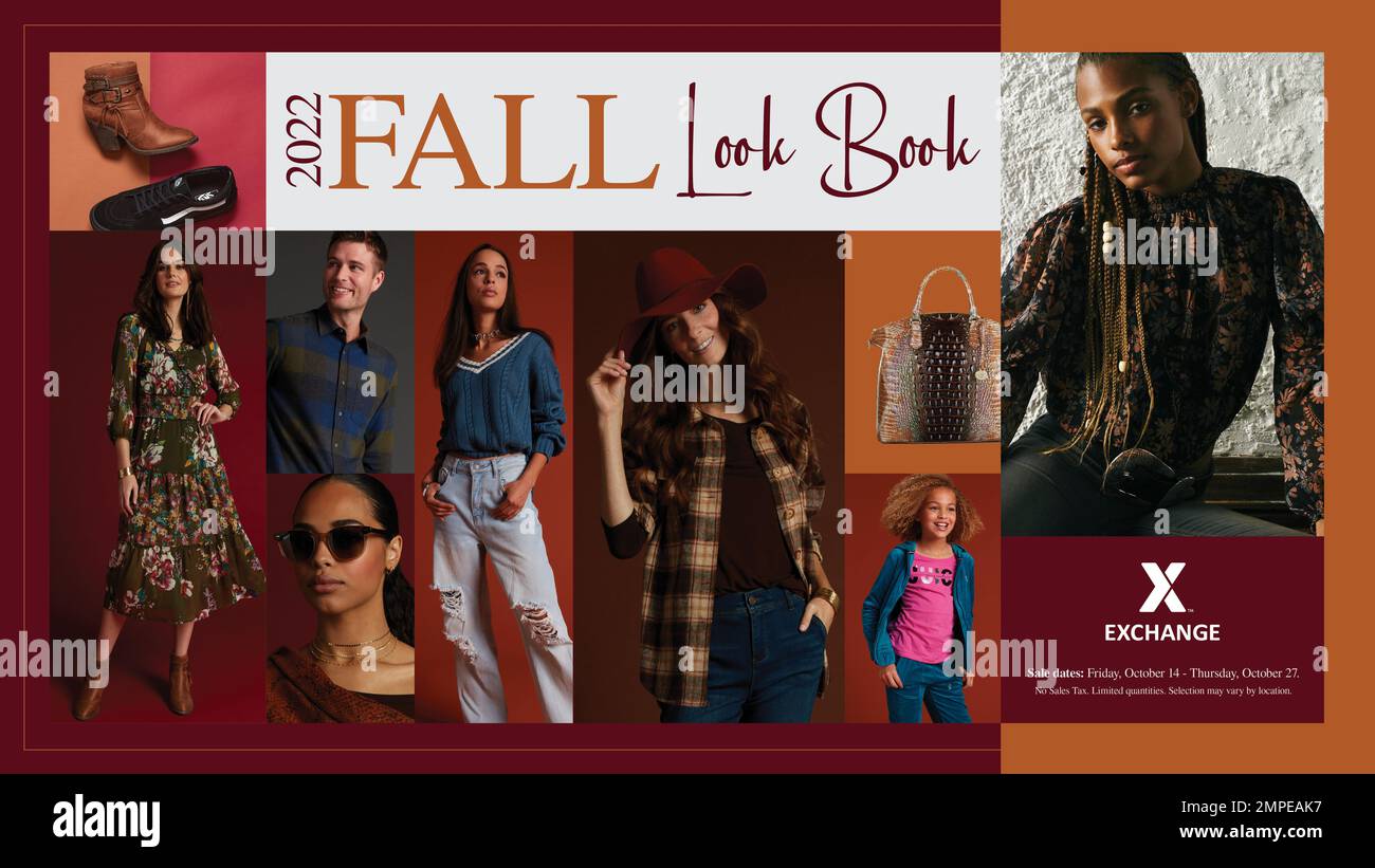 Il Look Book autunnale di Exchange è disponibile dal 14 ottobre alle ShopMyExchange.com:00! La guida alla moda ha gli sguardi di tendenza per cadere a prezzi militari-esclusivi. Per saperne di più: https://wp.me/p9Q7PG-2e4. Foto Stock