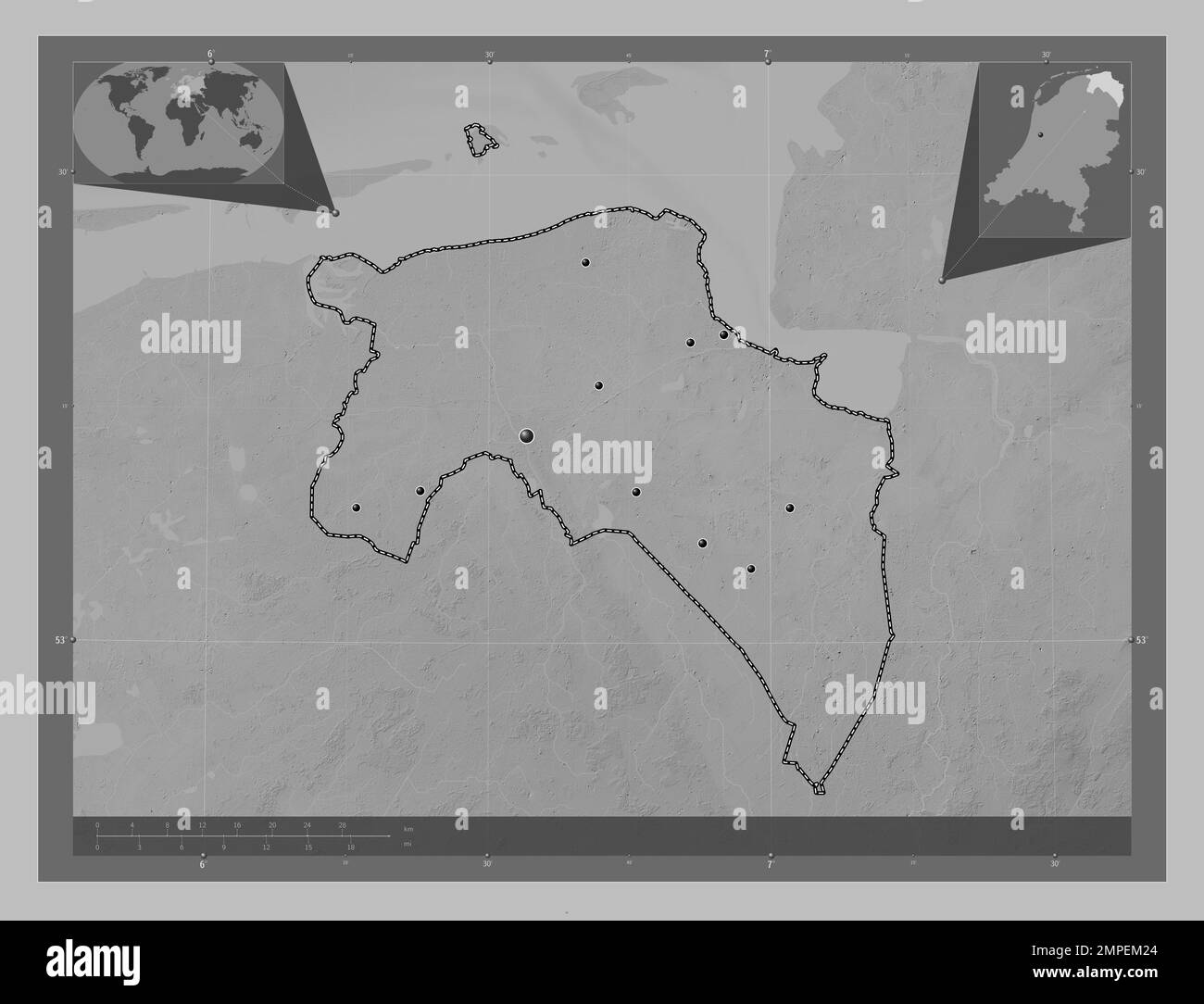 Groningen, provincia dei Paesi Bassi. Mappa in scala di grigi con laghi e fiumi. Posizioni delle Groningen, provincia dei Paesi Bassi. Mappa in scala di grigi con laghi e fiumi. Posizioni delle