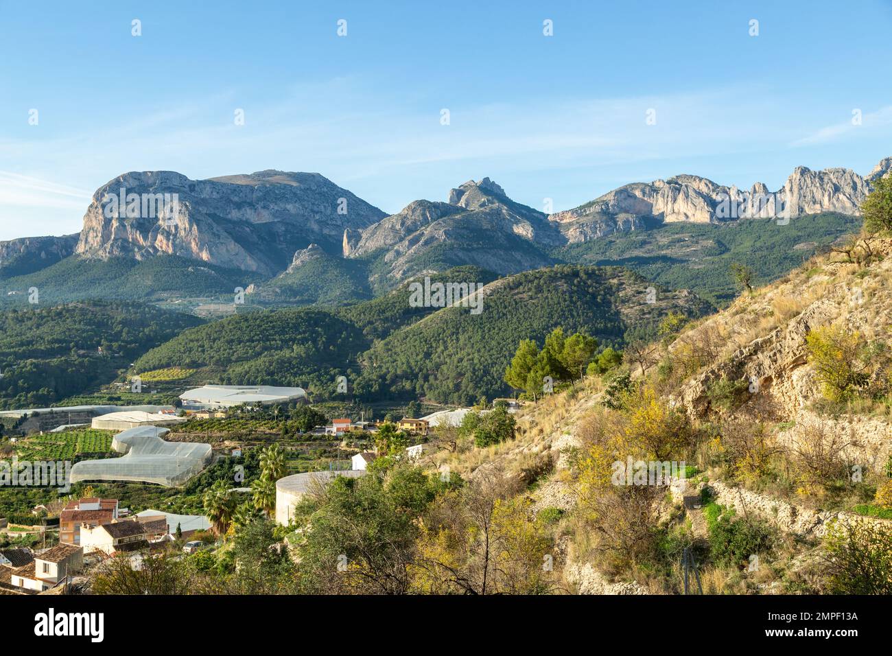 Callosa d'en Sarrià Valencian è una città valenciana nella provincia di Alicante e alle sue spalle il ‘Leone dormiente’ Ponotx (Monte Ponoig) Foto Stock