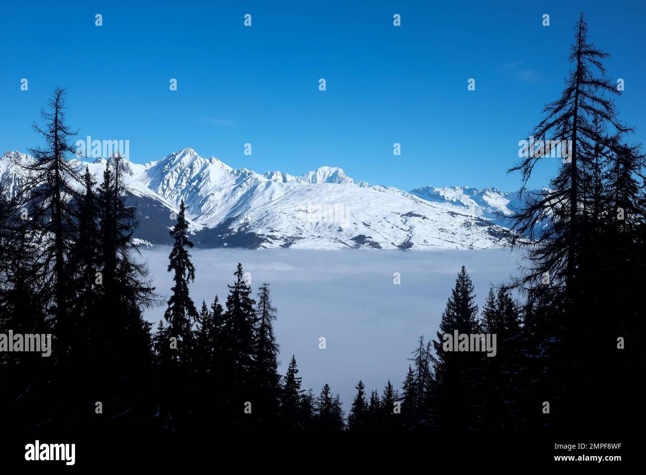 Michael Bunel / le Pictorium - Sci nelle Alpi - 5/1/2016 - Savoia / Francia / la plagne - mare di nuvole illustrazione di fronte al monte bianco. Foto Stock