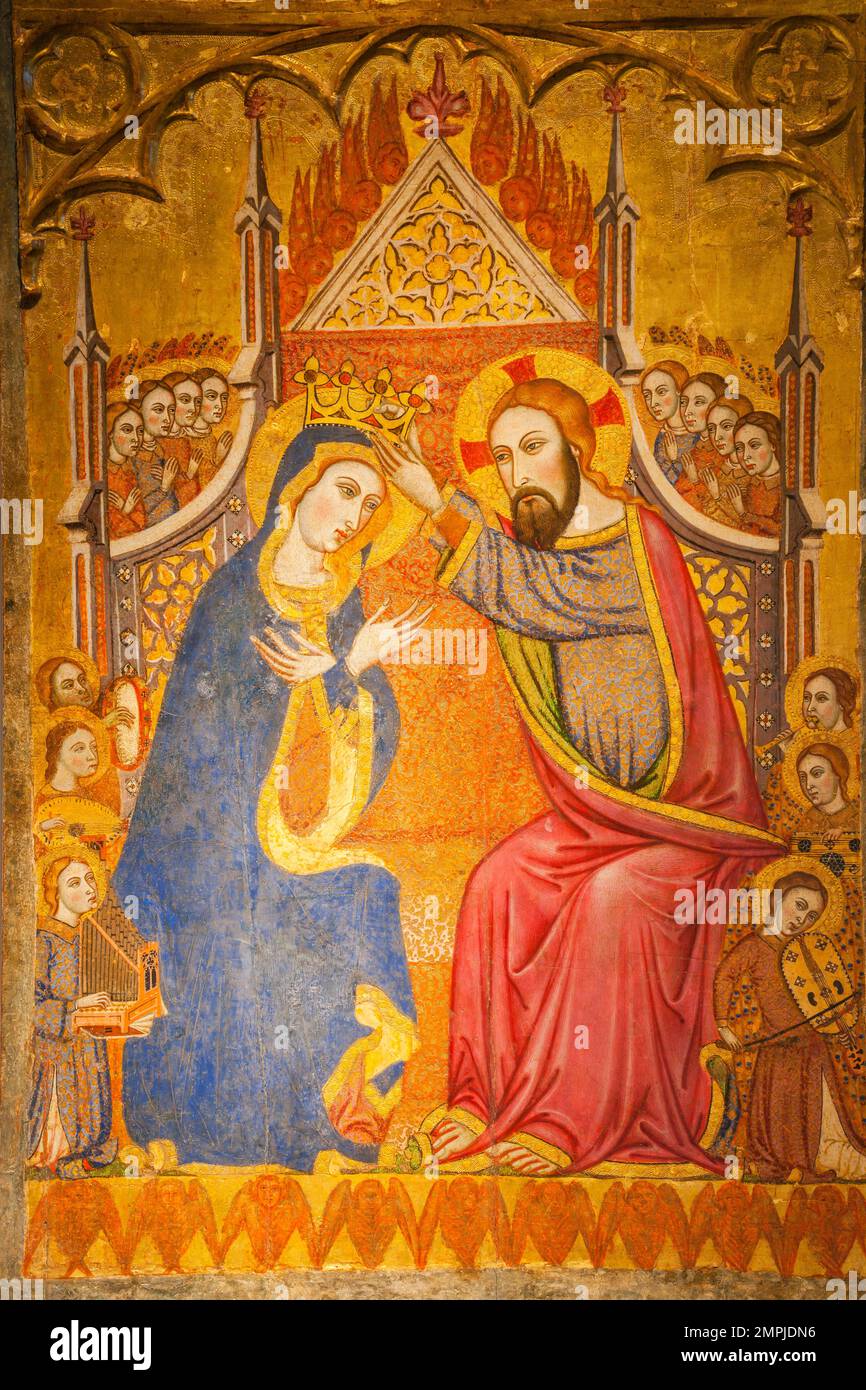 Incoronazione della Vergine, anno 1373, Giovanna Daurer, tempio e doratura su legno, originale della parrocchia di Santa Maria maggiore di Inca, Palau episcopal Foto Stock