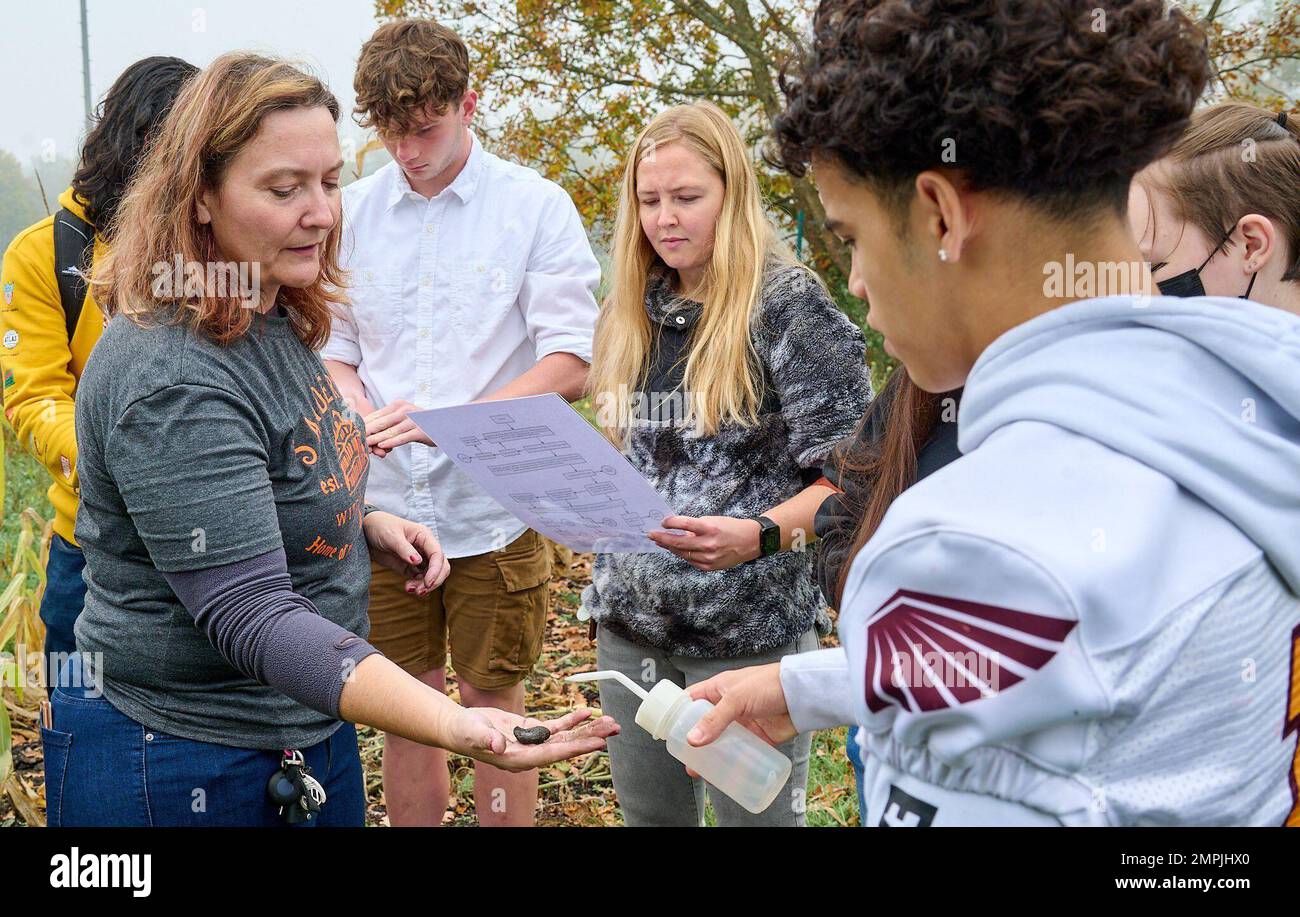 Michelle dare, insegnante di scienze della scuola superiore di Vilseck, lavora con gli studenti della scuola superiore di Vilseck per determinare la composizione del terreno del giardino delle Rose Barracks il 27 ottobre 2022 sulle Rose Barracks, Germania. La lezione è stata condotta come parte del corso di scienze ambientali di posizionamento avanzato dello studente. Foto Stock
