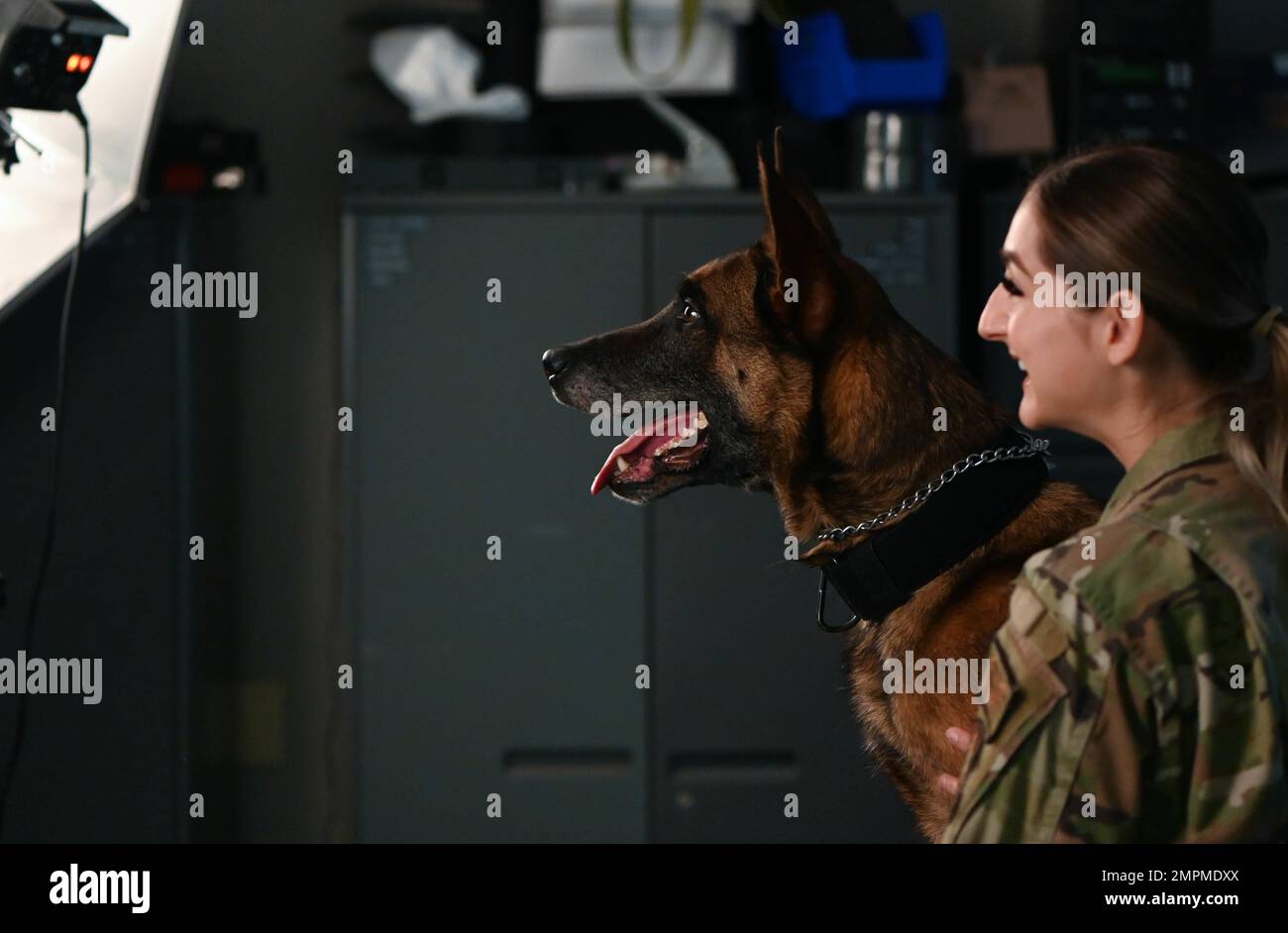 I cani da lavoro militari e i loro addestratori dello Squadrone delle forze di sicurezza 72nd posano per le foto ufficiali 4 novembre 2022, base dell'aeronautica di Tinker, Oklahoma. Foto Stock