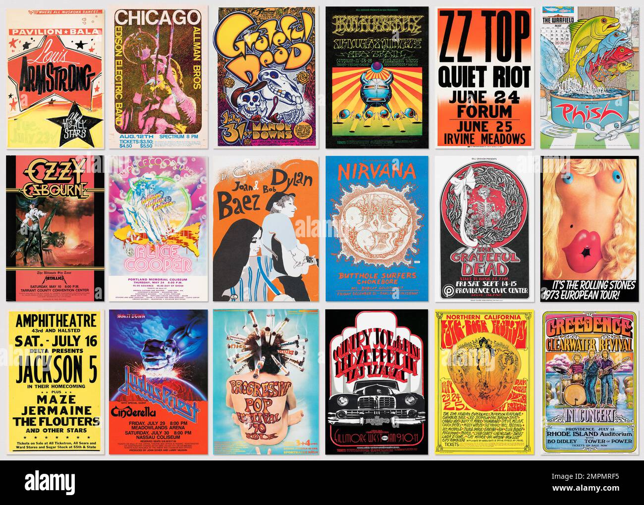 Collezione di poster di concerti di musica rock, pop e jazz, collezione di autentici disegni di musica vintage Foto Stock
