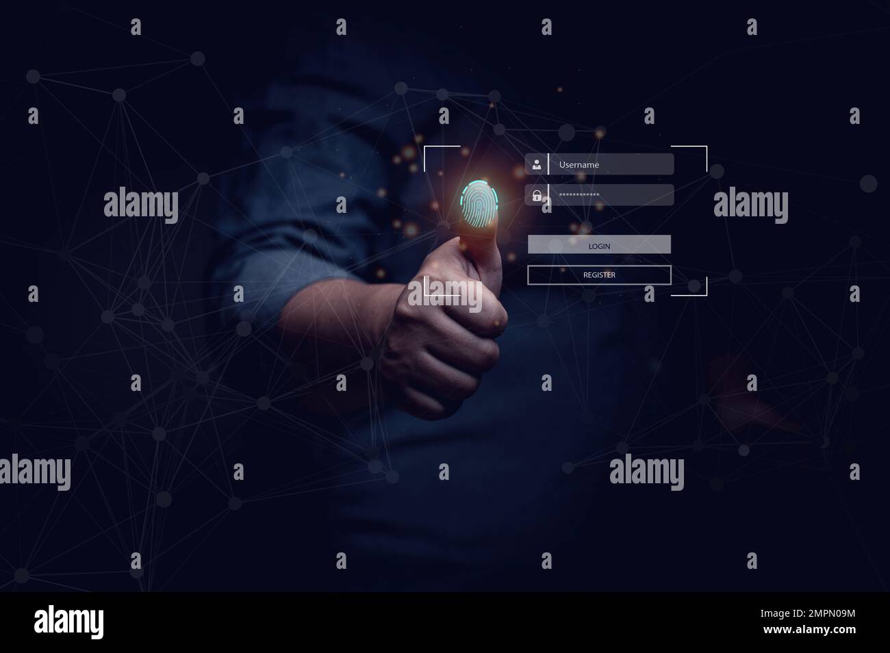 Concetto di accesso con autenticazione tramite impronta digitale. impostazioni di sicurezza online. Accesso al sistema per identità transazioni online, finanza, banche, acquisti Foto Stock
