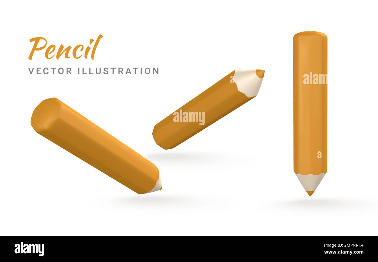 Carino cartoon giallo matita 3D. Matita di legno per scrittura e disegno. Illustrazione vettoriale. Illustrazione Vettoriale