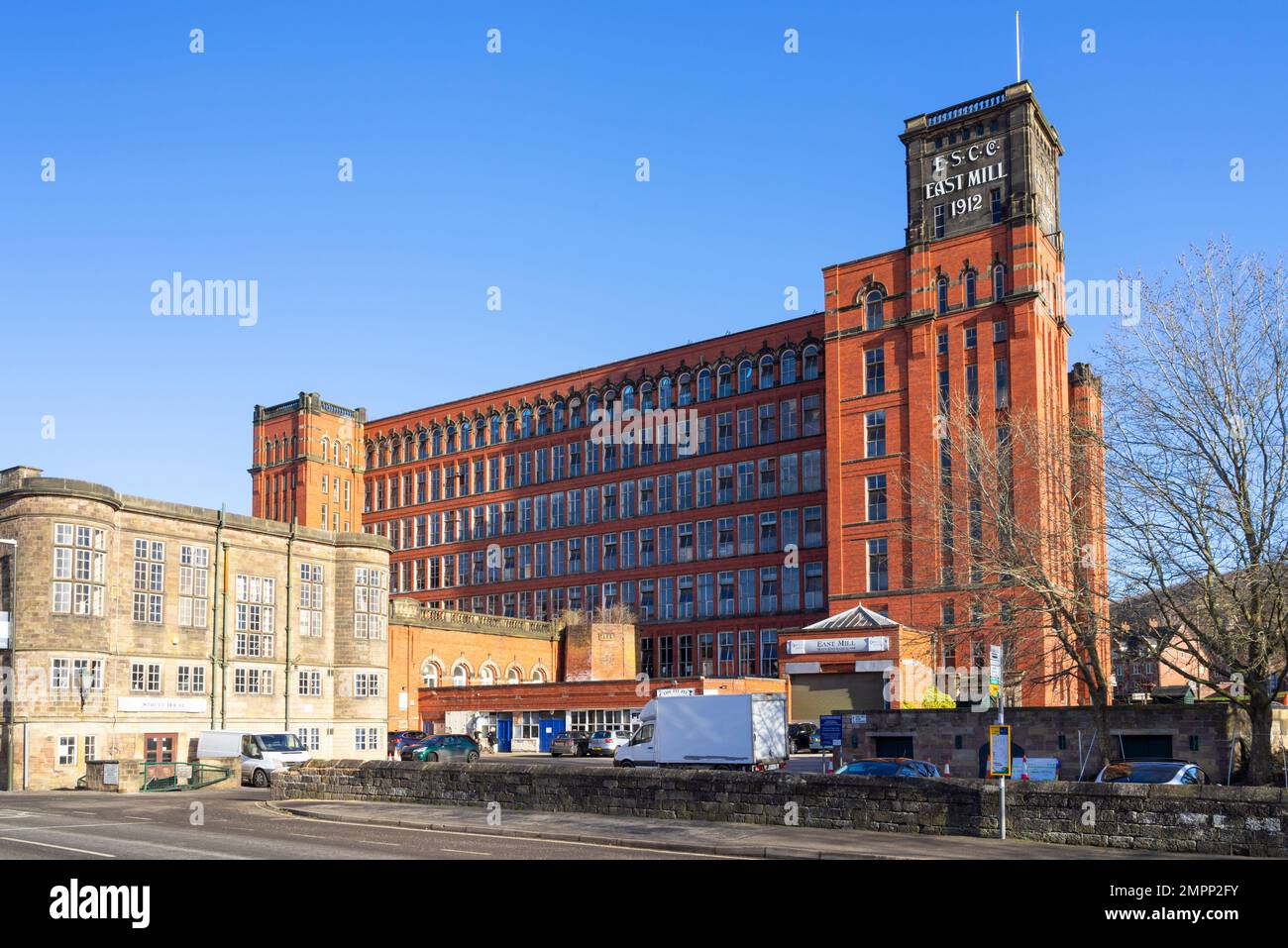 Belper Mill Derwent Valley Mills Sito Patrimonio dell'Umanità East Mill torre di Strutt's Mill Belper North Mill Belper Derbyshire Amber Valley Inghilterra Regno Unito GB Foto Stock