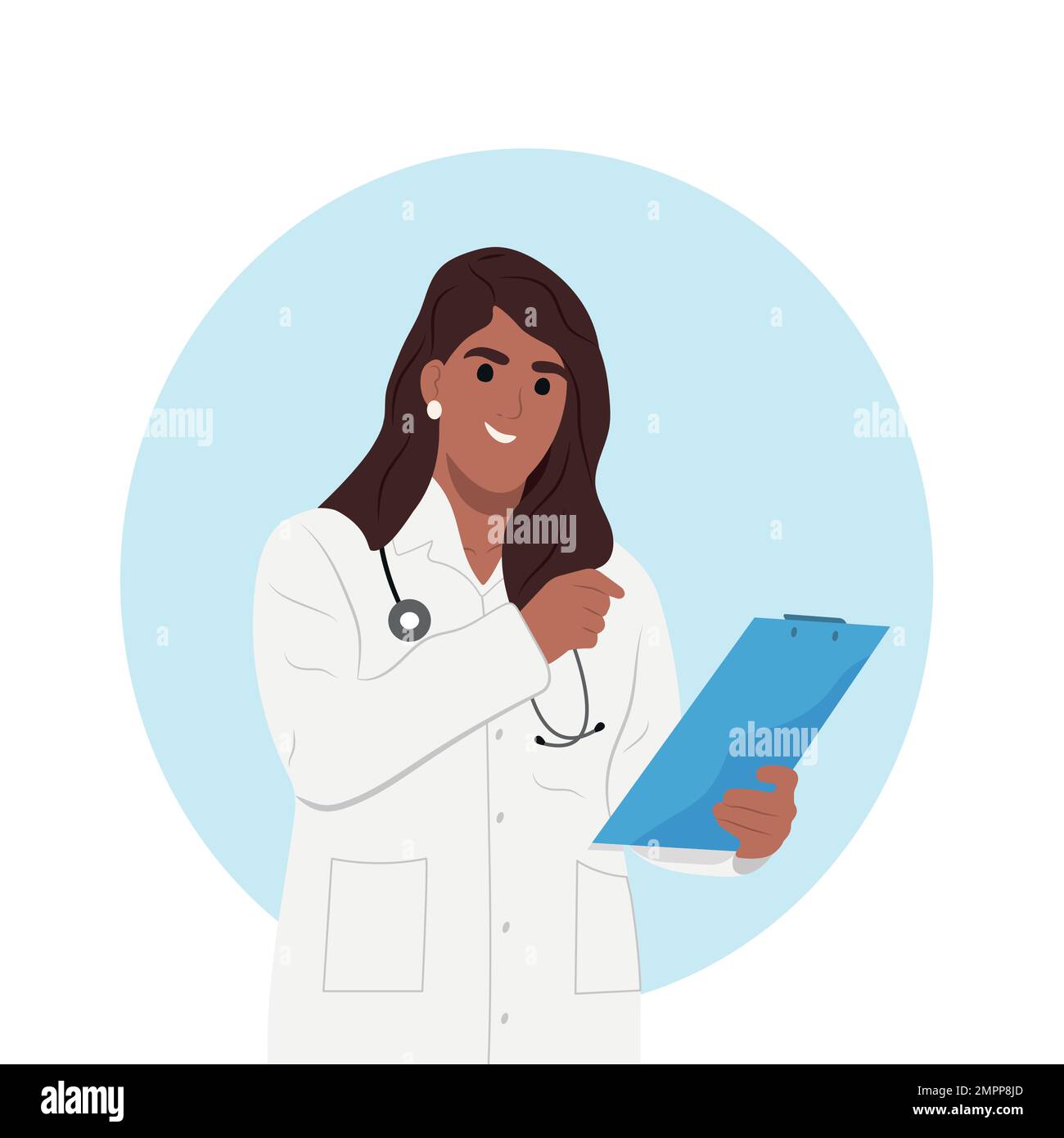 medico di sesso femminile che tiene una compressa. Il pediatra esamina i risultati dei test del paziente. Illustrazione Vettoriale