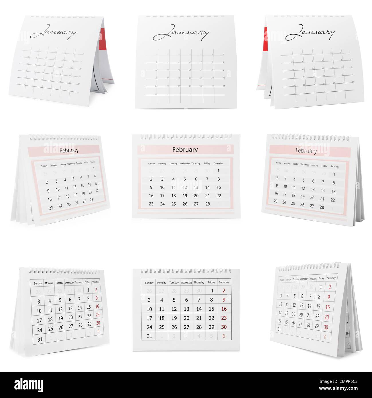 Set di calendari cartacei diversi su sfondo bianco Foto Stock