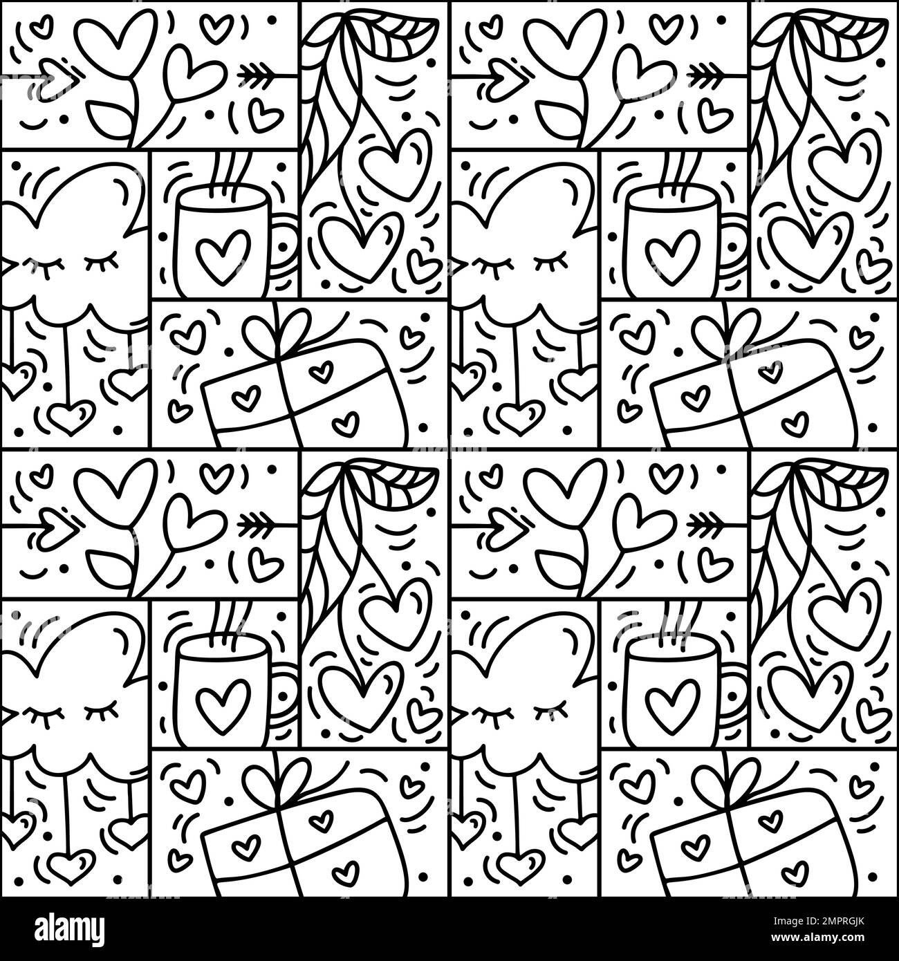 Valentines logo vettore senza cuciture modello Love, Cup, cloud, cuore e linea confezione regalo. Costruttore monolino disegnato a mano per un romantico biglietto d'auguri Illustrazione Vettoriale