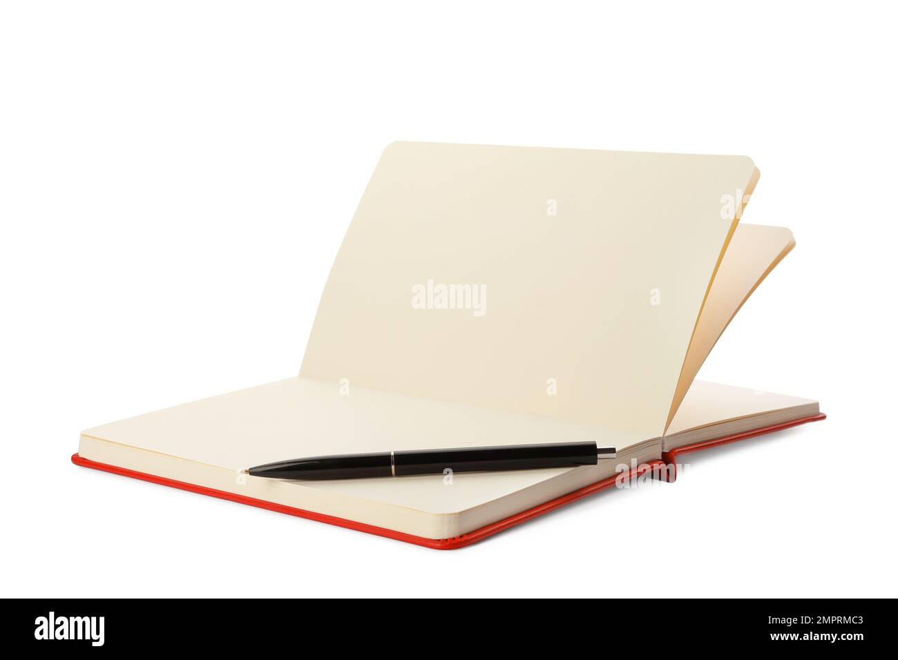 Elegante notebook aperto e penna isolata su bianco Foto Stock