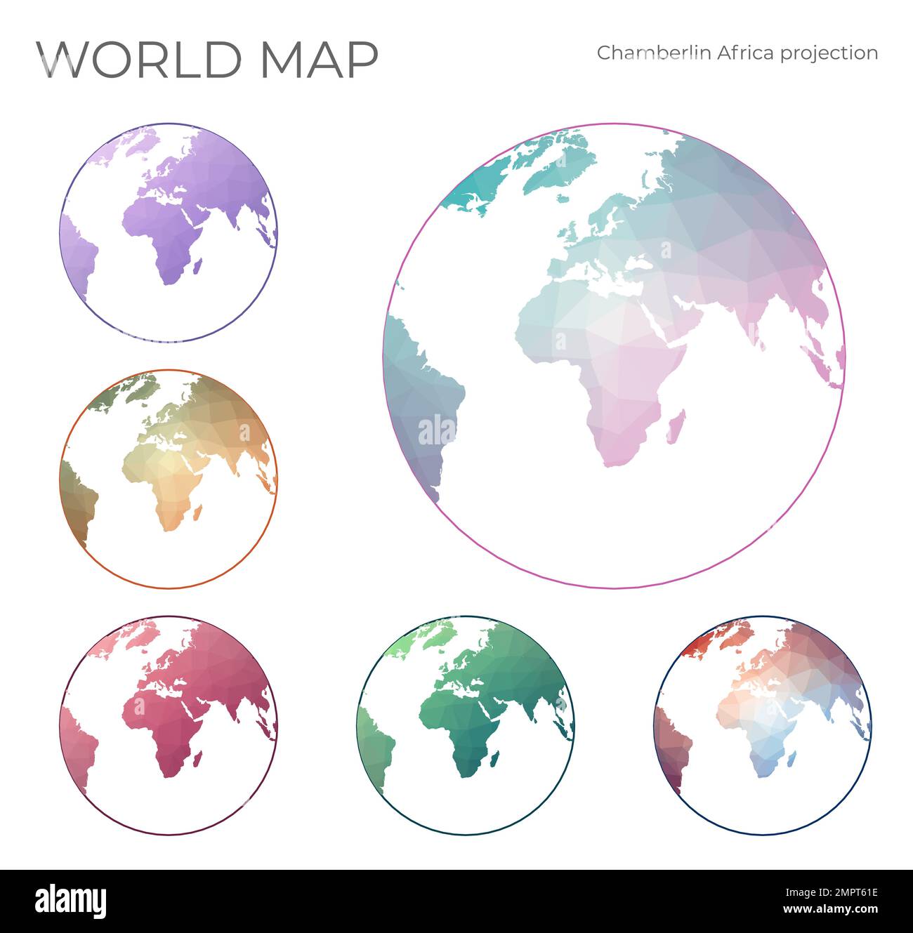 Mappa del mondo Low Poly. Proiezione Chamberlin Africa. Collezione di mappe del mondo in stile geometrico. Illustrazione vettoriale. Illustrazione Vettoriale