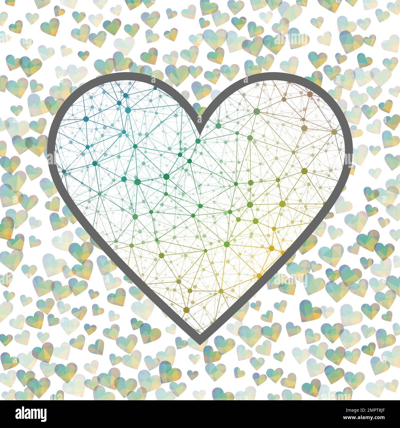 Cuore basso di San Valentino Poly. Mesh geometrica del cuore in sfumature di colore spettrali, connessioni spettrali. Straordinaria illustrazione vettoriale in stile di rete. Illustrazione Vettoriale
