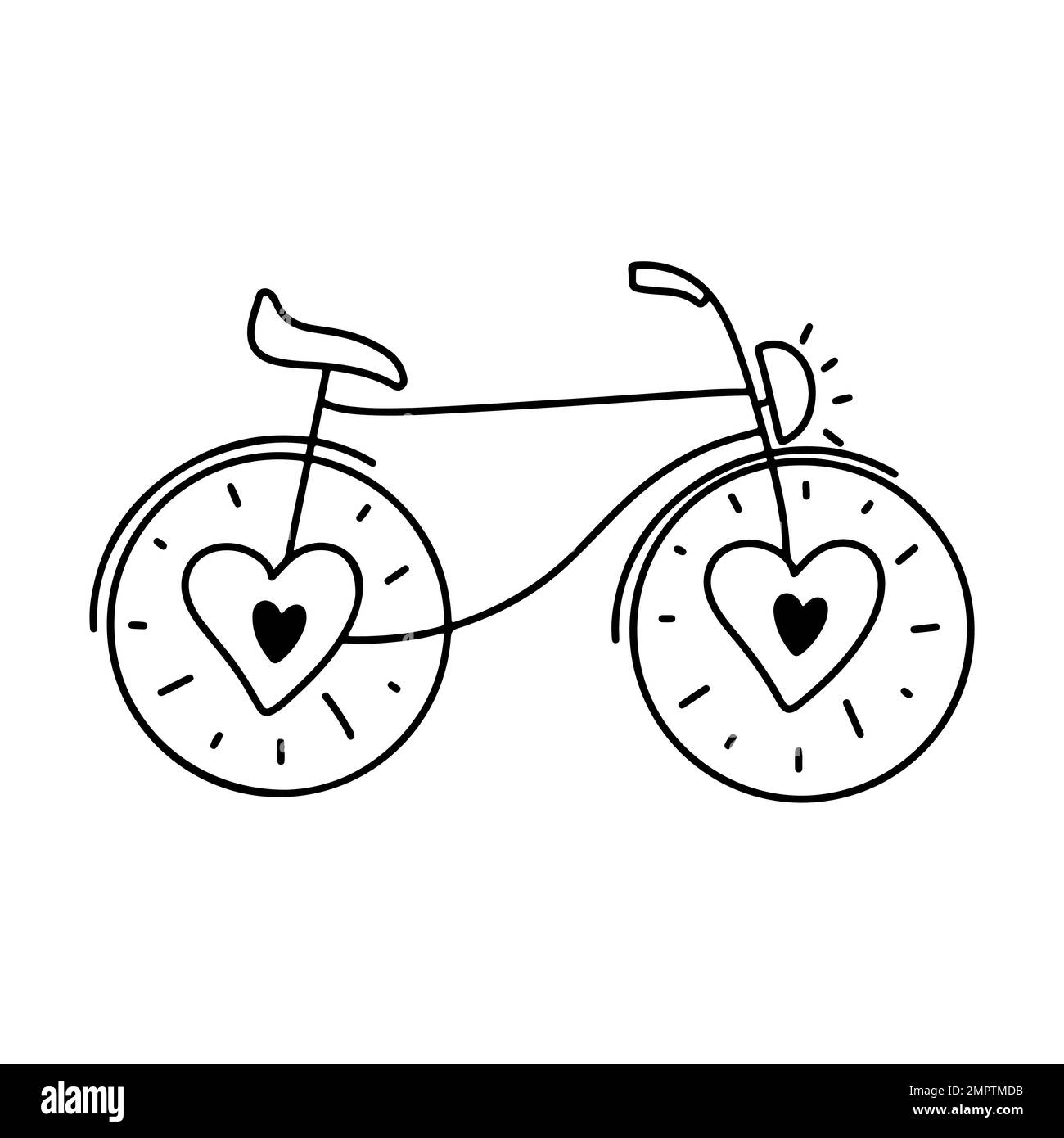Carino moto con cuori su ruote in stile doodle trainato a mano. Illustrazione vettoriale isolata su sfondo bianco Illustrazione Vettoriale