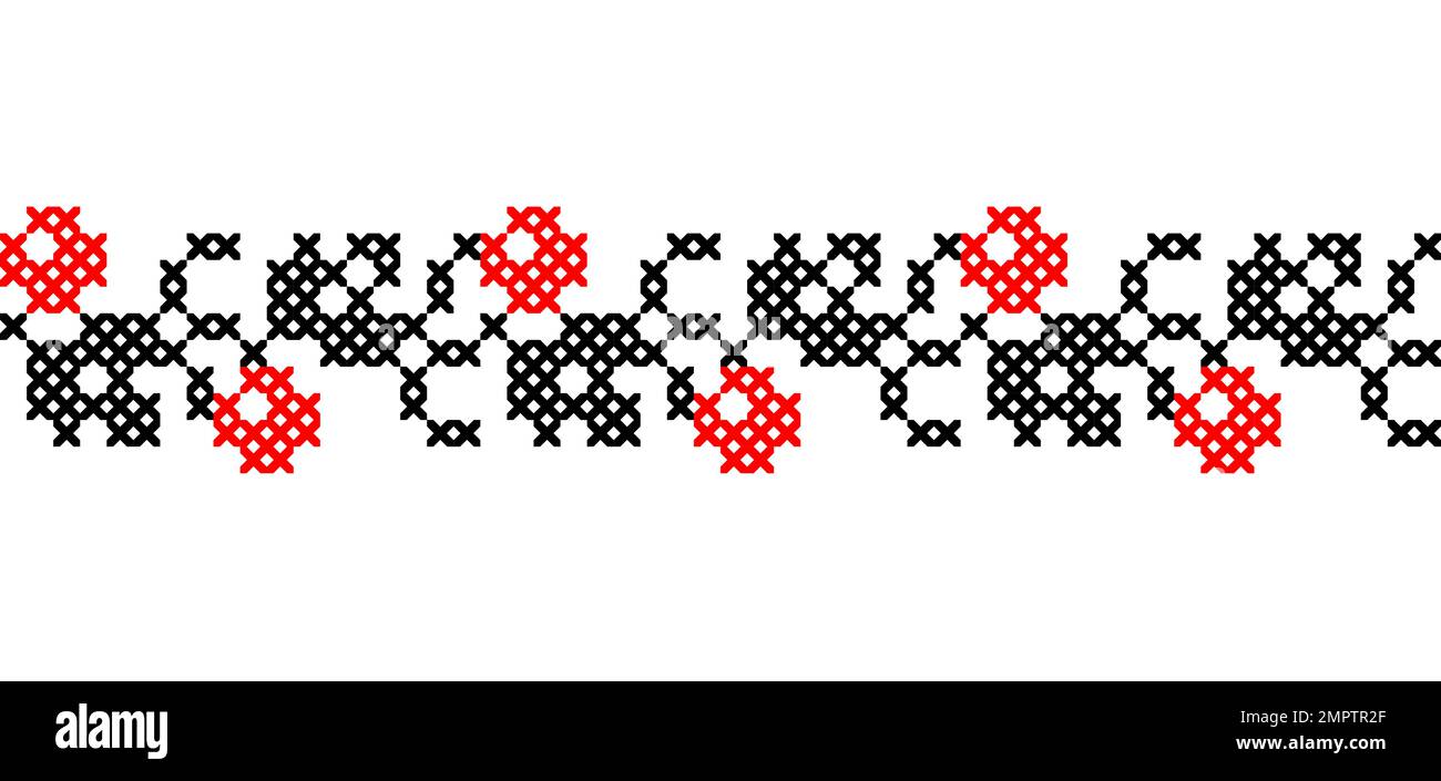 Ornamento vettoriale ucraino, confine, modello. Ricamo tradizionale ucraino di bacche. Bordo in rosso e nero. Pixel art, vyshyvanka, croce Illustrazione Vettoriale