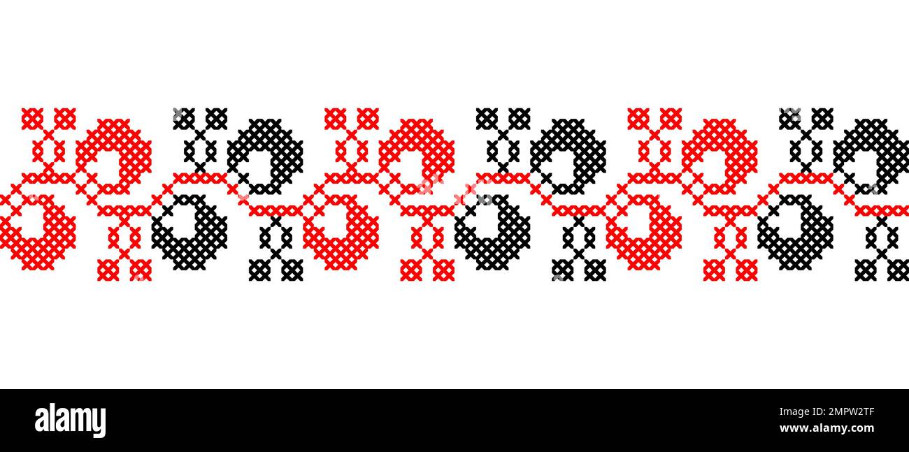Ornamento vettoriale ucraino, confine, modello. Ricamo tradizionale ucraino di bacche. Bordo in rosso e nero. Pixel art, vyshyvanka, croce Illustrazione Vettoriale